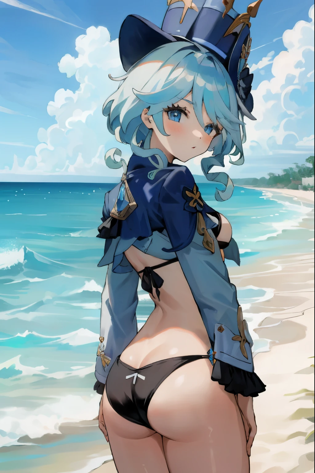 masterpiece, best quality,
1girl, furina (genshin impact), hat, blue eyes, silver hair, solo, bangs, cute, (bikini), ((underbutt)), looking at viewer, beach, resort, small breasts