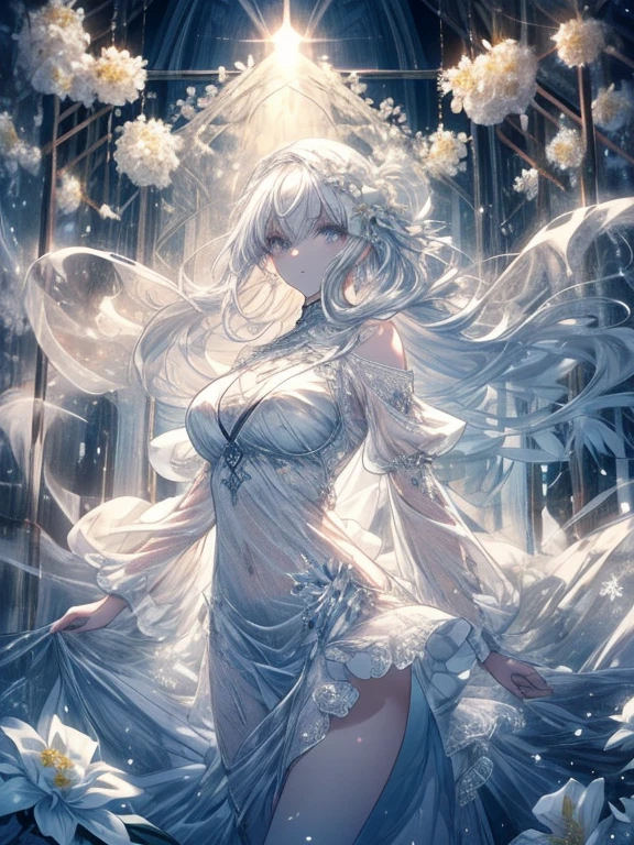 Paradise in Heaven, White lighting,(masutepiece), (Best Quality), (Cinematic), 8K, (art  stations), Li Yue painting style.(長いWhite hairとSilvery eyesを持つ1人の女), (Beautiful delicate face)、[ Particle Lou Full Moon] [Frozen trees々] [landscape crystal] [Lighting] [Ethereal Atmosphere]:1.1] [Fantasy, short story] [soft Lighting] [+Cinematic shot]:1.2 [+art  stations] [+luminous white background] [+soft Lighting] [soft glow] [Creative and dynamic angles]:1.3, [+Crystal Toning] 、masutepiece, ighly detailed, Ultra-detailed, Solo, (pale skin), Silvery eyes, White hair, (snowy background), (snowflake rosen flower:1.0), (shining crystal),, (Snowy ground), (White lashes), Female sexy、dreamy and detailed, Gorgeous setting, 妖しい雰囲気 masutepiece, The most beautiful scenes, An majestic、(((full of white flowers)))、quiet and serene atmosphere、A charming, all white tones,Inside the crystal library,Transparent flowers and falling snow，Many white roses are planted,(flowingwater,falls,water bloom),The decoration is also carefully done.,Dreamy（ighly detailedです，Creative Design，crisp and precise lines，K HD，best qualtiy，tmasterpiece，超hight resolution，4K）、Diverse poses、((beautiful white flower hair ornament))、Beautiful hairstyle、(Best Quality, 4K, 8K, hight resolution, masutepiece:1.2), Ultra-detailed, Detailed expression, Graceful posture, expressive brush strokes, mystic atmosphere, artistic interpretation,Delicate floral jewelry， (((Detailed design、Beautiful lace translucent dress、see-through small dress)))、(SFW:1.5), (Oversized breasts, best body proportions, proportions of large breasts,:1.5),(white decoration on thigh)、((Beautiful crystal accessories on the legs))。((Beautiful crystal accessories on the arm))、(((Design with a wide open chest)))