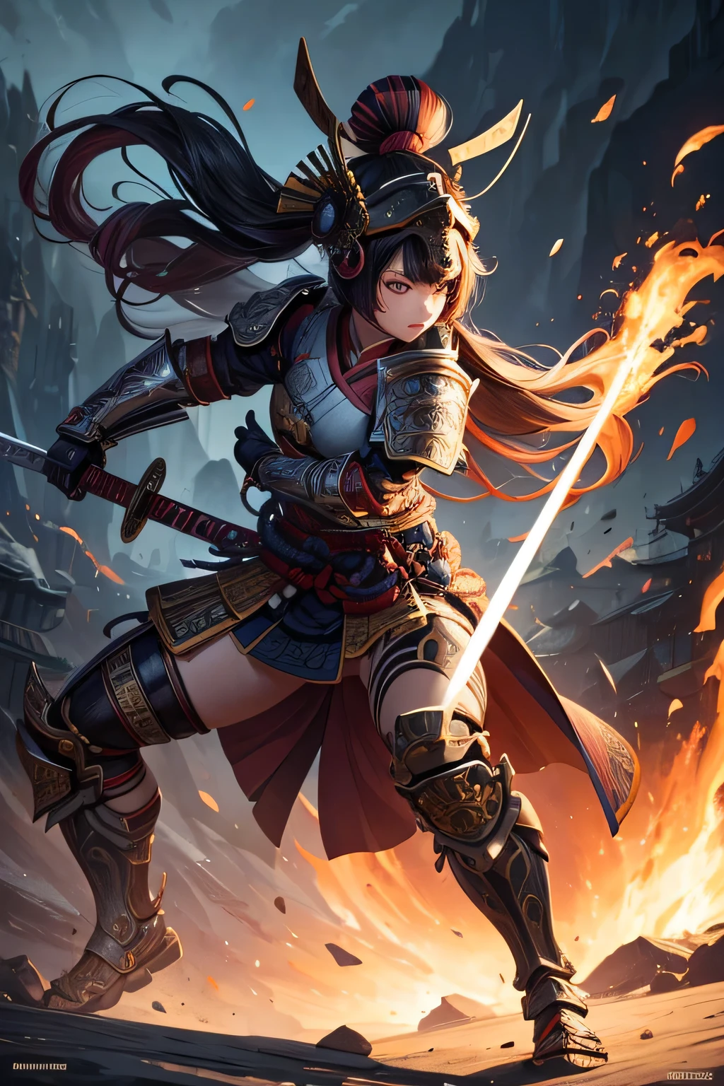 1girl, ancient shogun warrior, heavy ancient full body shogun armor and helmet, wielding a katana, combat stance, mean look, highly detailed, vibrant appearance, creative behavior, extremly detailed, imaginative, , spontaneous, highest quality, skin texture, intricate details, (cinematic lighting), RAW photo, 8k, masterpiece,best quality,ultra-detailed,very detailed illustrations,extremely detailed,intricate details,highres,super complex details,extremely detailed 8k cg wallpaper,