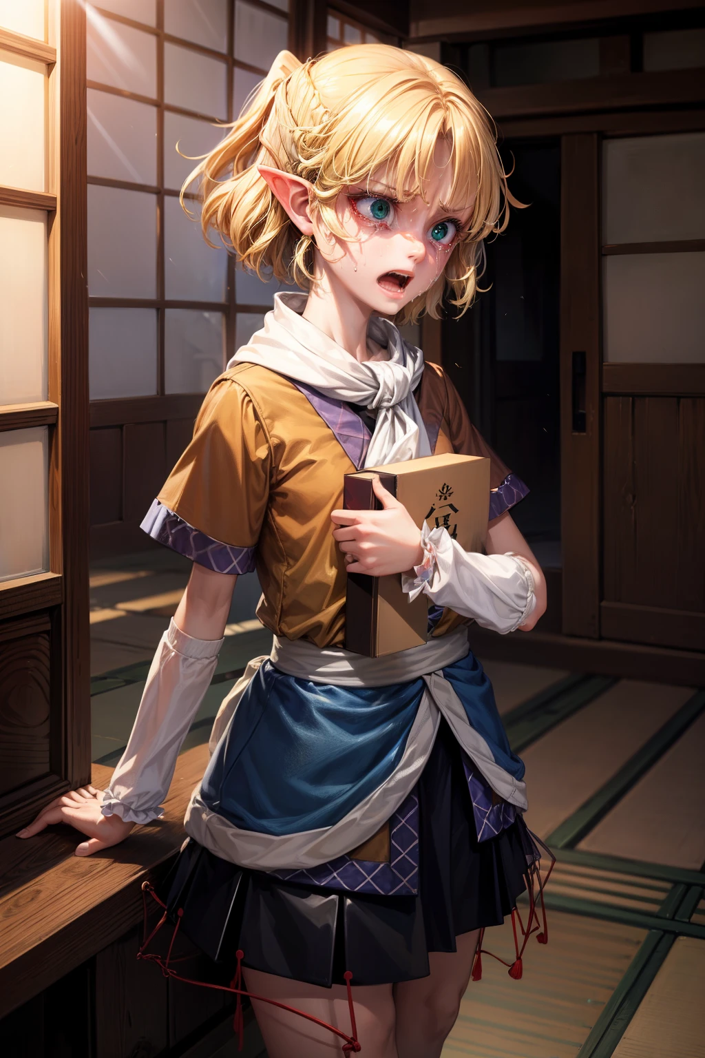 (masterpiece, top quality, best quality, beautiful and aesthetic:1.2), mizuhashi parsee, 1girl,blonde hair, pointy ears, ponytail, short hair,green eyes,scarf,arm warmers,skirt,, japanese architecture, surprised, :o, beam, laser, glaring body, open box, box, open mouth, jaw drop, wide-eyed, panicking, horrified, screaming, sobbing, traumatized, turn pale, wavy mouth, glowing, glow, outer glow