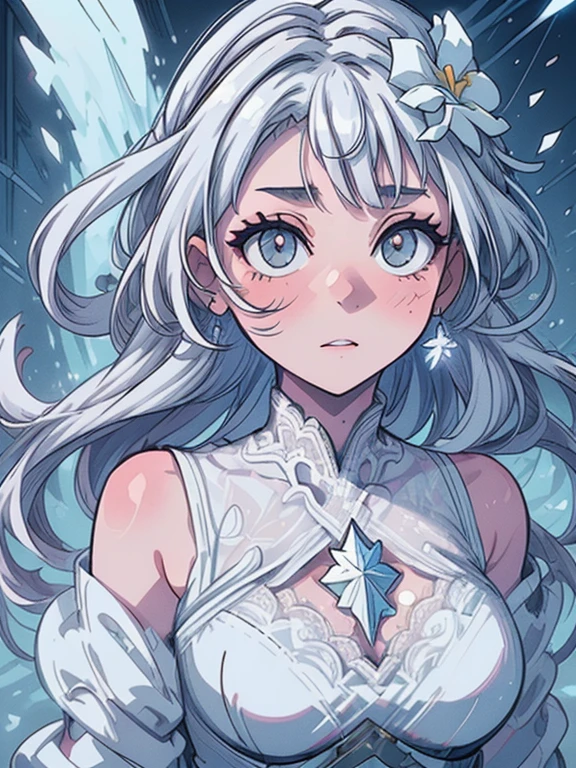 Paradise in Heaven, White lighting,(masutepiece), (Best Quality), (Cinematic), 8K, (art  stations), Li Yue painting style.(長いWhite hairとSilvery eyesを持つ1人の女), (Beautiful delicate face)、[ Particle Lou Full Moon] [Frozen trees々] [landscape crystal] [Lighting] [Ethereal Atmosphere]:1.1] [Fantasy, short story] [soft Lighting] [+Cinematic shot]:1.2 [+art  stations] [+luminous white background] [+soft Lighting] [soft glow] [Creative and dynamic angles]:1.3, [+Crystal Toning] 、masutepiece, ighly detailed, Ultra-detailed, Solo, (pale skin), Silvery eyes, White hair, (snowy background), (snowflake rosen flower:1.0), (shining crystal),, (Snowy ground), (White lashes), Female sexy、dreamy and detailed, Gorgeous setting, 妖しい雰囲気 masutepiece, The most beautiful scenes, An majestic、(((full of white flowers)))、quiet and serene atmosphere、A charming, all white tones,Inside the crystal library,Transparent flowers and falling snow，Many white roses are planted,(flowingwater,falls,water bloom),The decoration is also carefully done.,Dreamy（ighly detailedです，Creative Design，crisp and precise lines，K HD，best qualtiy，tmasterpiece，超hight resolution，4K）、Diverse poses、((beautiful white flower hair ornament))、Beautiful hairstyle、(Best Quality, 4K, 8K, hight resolution, masutepiece:1.2), Ultra-detailed, Detailed expression, Graceful posture, expressive brush strokes, mystic atmosphere, artistic interpretation,Delicate floral jewelry， (((Detailed design、Beautiful lace translucent dress、see-through small dress)))、(SFW:1.5), (Oversized breasts, best body proportions, proportions of large breasts,:1.5),(white decoration on thigh)、((Beautiful crystal accessories on the legs))。((Beautiful crystal accessories on the arm))、(((Design with a wide open chest)))
