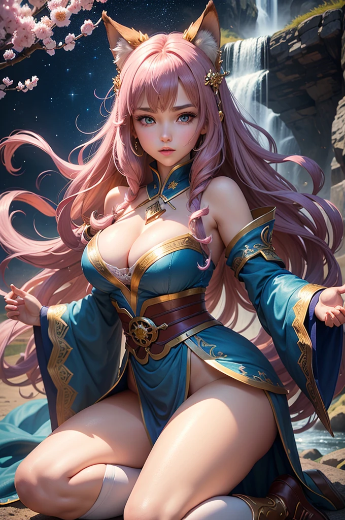 masterpiece, high quality, girl, sorceress, in battle stance doing magic, facing forward, full size, long brown hair with brown fox ears, really big blue eyes, blue ornaments in her hair, skinny, big breasts, cleavage, blue kimono with long wide sleeves and white/ gold details, white lace thigh-high stockings, white shoes with gold elements, cinematic light, waterfall, pink cherry trees, waterfall, night sky, stars, magic aura surrounding her