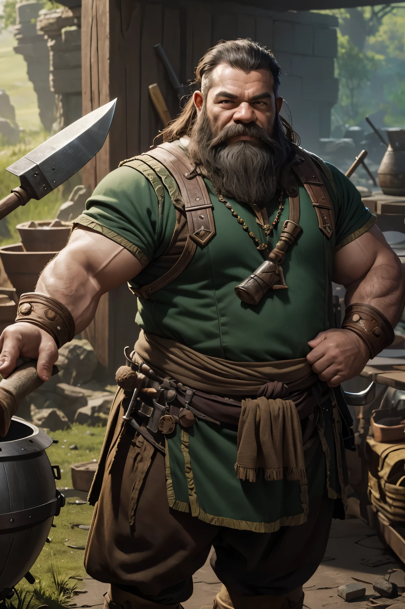 8K,blacksmith dwarf with a big hammer,green and brown costume,Real skin,Fantasyart,character art,Background with(blacksmith equipment)超A high resolution,A hyper-realistic,kiln,