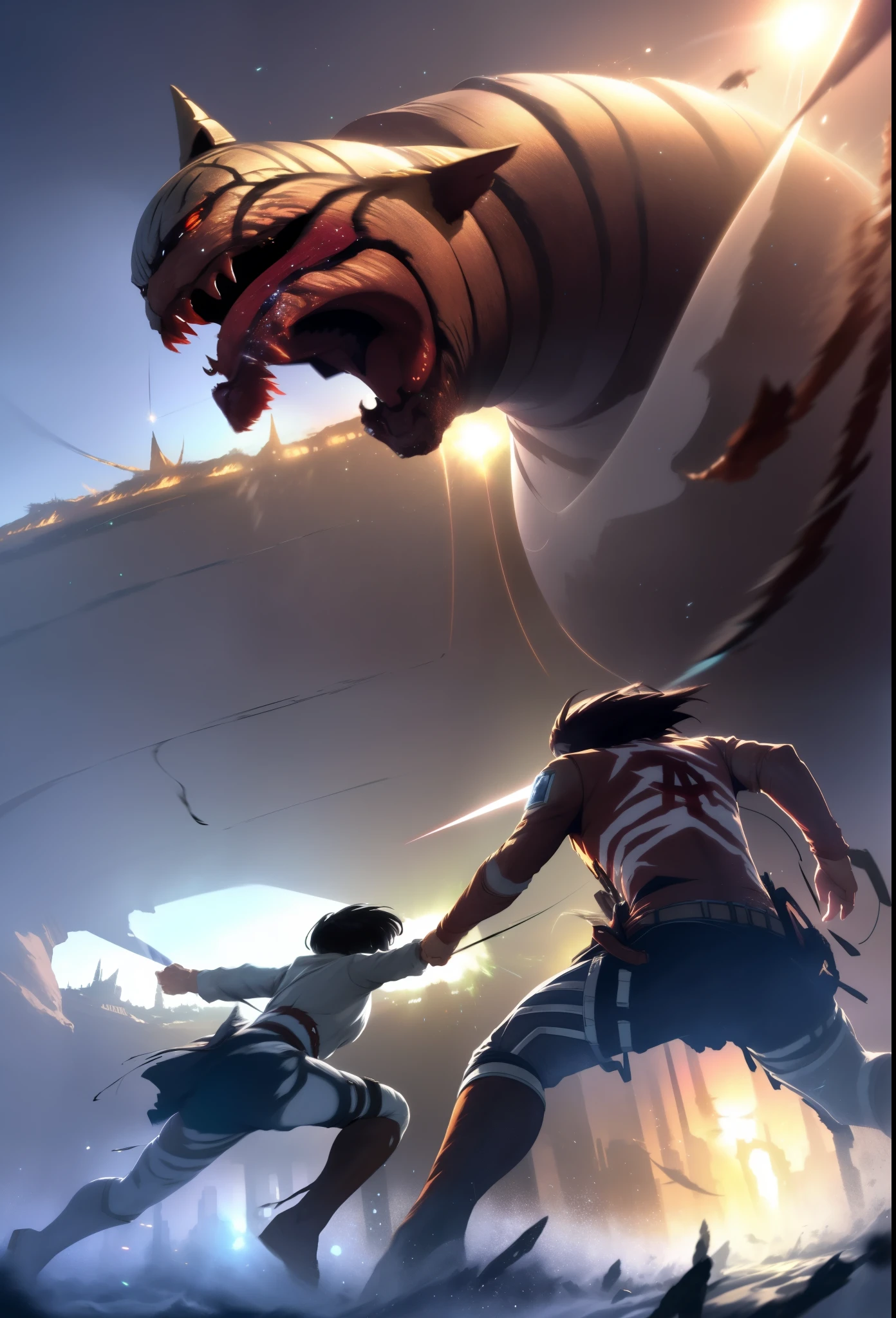 (best quality,highres:1.2),(realistic:1.37),(dynamic pose),(motion blur),(emphasis line),(sparkles),(plasma),(aura),(2 giants fighting female Titan),(attack Titan),
(Mikasa Ackerman flying),(floating)
