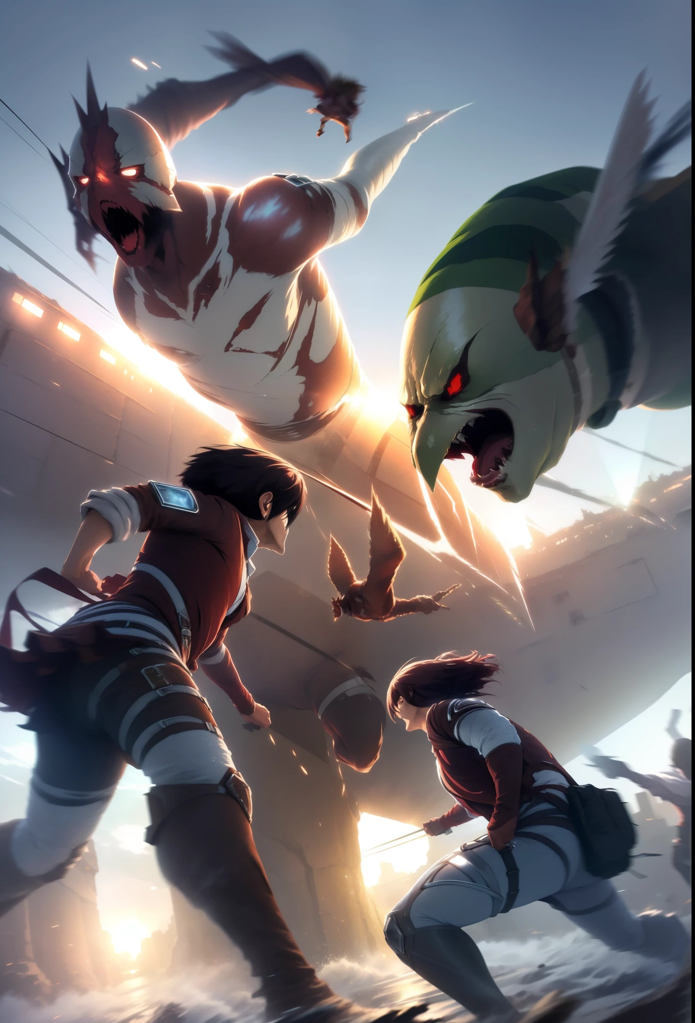 (best quality,highres:1.2),(realistic:1.37),(dynamic pose),(motion blur),(emphasis line),(sparkles),(plasma),(aura),(2 giants fighting female Titan),(attack Titan),
(Mikasa Ackerman flying),(floating)
