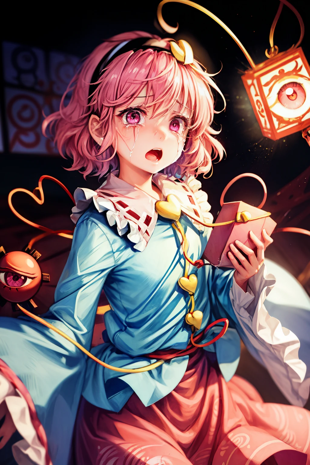 (masterpiece, top quality, best quality, beautiful and aesthetic:1.2), komeiji_satori_touhou, heart, short_hair, hairband, pink_hair, third_eye, pink_eyes, blush, hair_ornament, heart_hair_ornament, japanese architecture, surprised, :o, beam, laser, glaring body, open box, box, open mouth, jaw drop, wide-eyed, panicking, horrified, screaming, sobbing, traumatized, turn pale, wavy mouth, glowing, glow, outer glow