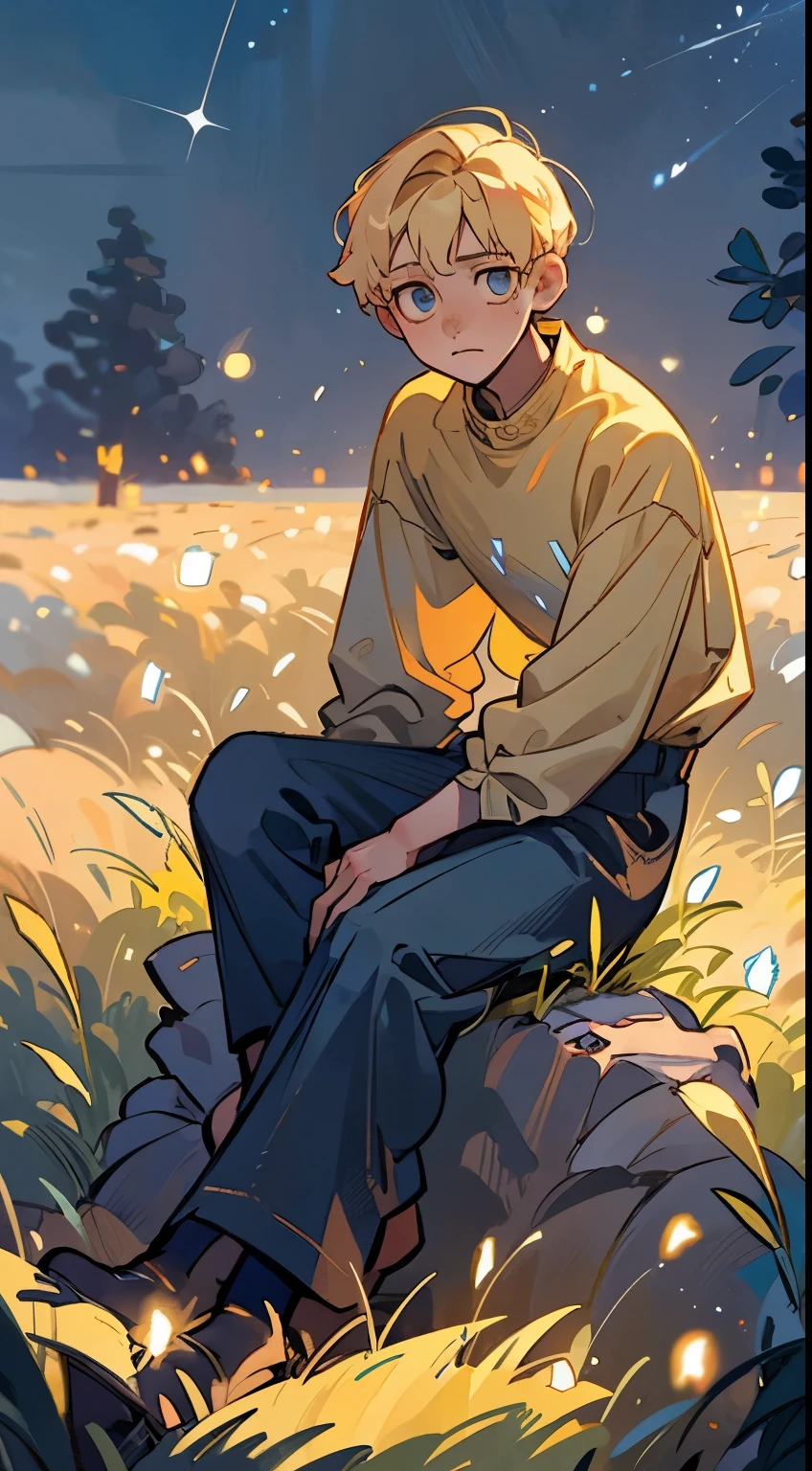 Starry night, field with fireflies, a young men with sad bright eyes, with blonde hair, in oversized shirt and dark trousers, sitting on the grass, watchin the stars,
