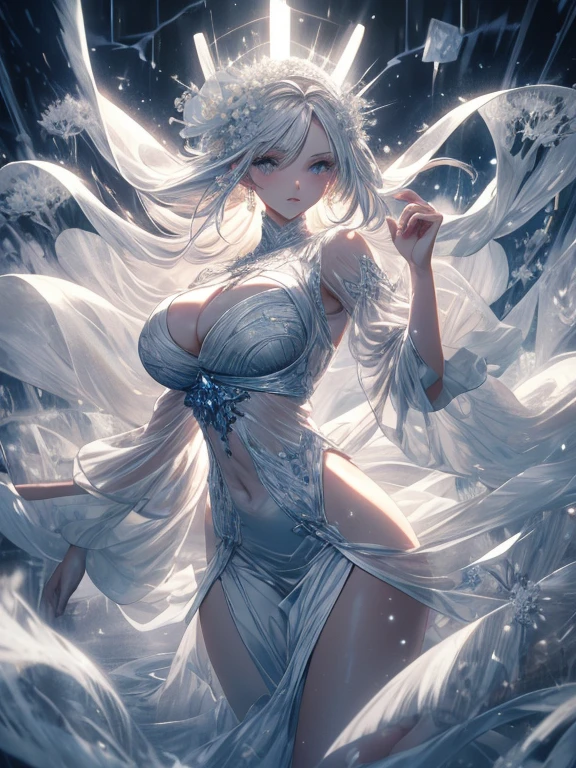 Paradise in Heaven, White lighting,(masutepiece), (Best Quality), (Cinematic), 8K, (art  stations), Li Yue painting style.(長いWhite hairとSilvery eyesを持つ1人の女), (Beautiful delicate face)、[ Particle Lou Full Moon] [Frozen trees々] [landscape crystal] [Lighting] [Ethereal Atmosphere]:1.1] [Fantasy, short story] [soft Lighting] [+Cinematic shot]:1.2 [+art  stations] [+luminous white background] [+soft Lighting] [soft glow] [Creative and dynamic angles]:1.3, [+Crystal Toning] 、masutepiece, ighly detailed, Ultra-detailed, Solo, (pale skin), Silvery eyes, White hair, (snowy background), (snowflake rosen flower:1.0), (shining crystal),, (Snowy ground), (White lashes), Female sexy、dreamy and detailed, Gorgeous setting, 妖しい雰囲気 masutepiece, The most beautiful scenes, An majestic、(((full of white flowers)))、quiet and serene atmosphere、A charming, all white tones,Inside the crystal library,Transparent flowers and falling snow，Many white roses are planted,(flowingwater,falls,water bloom),The decoration is also carefully done.,Dreamy（ighly detailedです，Creative Design，crisp and precise lines，K HD，best qualtiy，tmasterpiece，超hight resolution，4K）、Diverse poses、((beautiful white flower hair ornament))、Beautiful hairstyle、(Best Quality, 4K, 8K, hight resolution, masutepiece:1.2), Ultra-detailed, Detailed expression, Graceful posture, expressive brush strokes, mystic atmosphere, artistic interpretation,Delicate floral jewelry， (((Detailed design、Beautiful lace translucent dress、see-through small dress)))、(SFW:1.5), (Oversized breasts, best body proportions, proportions of large breasts,:1.5),(white decoration on thigh)、((Beautiful crystal accessories on the legs))。((Beautiful crystal accessories on the arm))、(((Design with a wide open chest)))