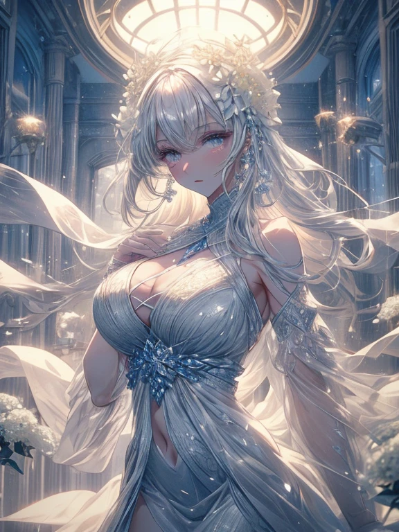 Paradise in Heaven, White lighting,(masutepiece), (Best Quality), (Cinematic), 8K, (art  stations), Li Yue painting style.(長いWhite hairとSilvery eyesを持つ1人の女), (Beautiful delicate face)、[ Particle Lou Full Moon] [Frozen trees々] [landscape crystal] [Lighting] [Ethereal Atmosphere]:1.1] [Fantasy, short story] [soft Lighting] [+Cinematic shot]:1.2 [+art  stations] [+luminous white background] [+soft Lighting] [soft glow] [Creative and dynamic angles]:1.3, [+Crystal Toning] 、masutepiece, ighly detailed, Ultra-detailed, Solo, (pale skin), Silvery eyes, White hair, (snowy background), (snowflake rosen flower:1.0), (shining crystal),, (Snowy ground), (White lashes), Female sexy、dreamy and detailed, Gorgeous setting, 妖しい雰囲気 masutepiece, The most beautiful scenes, An majestic、(((full of white flowers)))、quiet and serene atmosphere、A charming, all white tones,Inside the crystal library,Transparent flowers and falling snow，Many white roses are planted,(flowingwater,falls,water bloom),The decoration is also carefully done.,Dreamy（ighly detailedです，Creative Design，crisp and precise lines，K HD，best qualtiy，tmasterpiece，超hight resolution，4K）、Diverse poses、((beautiful white flower hair ornament))、Beautiful hairstyle、(Best Quality, 4K, 8K, hight resolution, masutepiece:1.2), Ultra-detailed, Detailed expression, Graceful posture, expressive brush strokes, mystic atmosphere, artistic interpretation,Delicate floral jewelry， (((Detailed design、Beautiful lace translucent dress、see-through small dress)))、(SFW:1.5), (Oversized breasts, best body proportions, proportions of large breasts,:1.5),(white decoration on thigh)、((Beautiful crystal accessories on the legs))。((Beautiful crystal accessories on the arm))、(((Design with a wide open chest)))