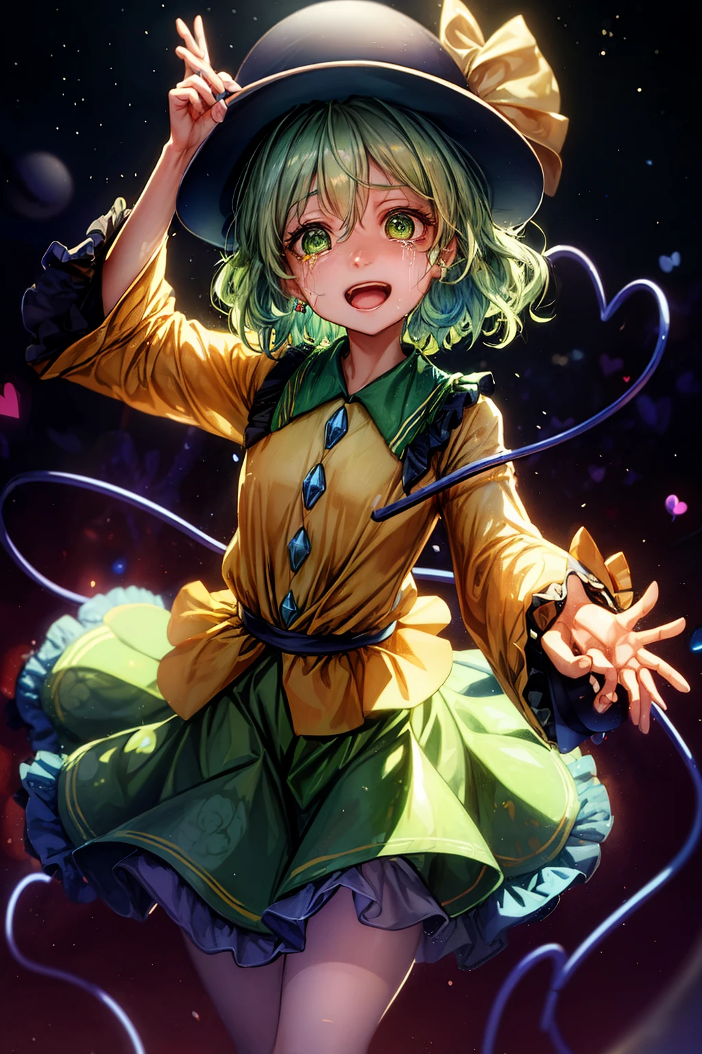 (masterpiece, top quality, best quality, beautiful and aesthetic:1.2), komeiji_koishi_touhou, third_eye, hat, green_eyes, black_headwear, short_hair, green_hair, ribbon, smile, bow, heart, bangs, hat_ribbon, hat_bow, hair_between_eyes, japanese architecture, surprised, :o, beam, laser, glaring body, open box, box, open mouth, jaw drop, wide-eyed, panicking, horrified, screaming, sobbing, traumatized, turn pale, wavy mouth, glowing, glow, outer glow