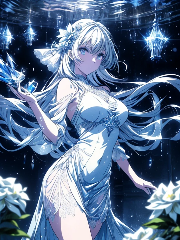 Paradise in Heaven, White lighting,(masutepiece), (Best Quality), (Cinematic), 8K, (art  stations), Li Yue painting style.(長いWhite hairとSilvery eyesを持つ1人の女), (Beautiful delicate face)、[ Particle Lou Full Moon] [Frozen trees々] [landscape crystal] [Lighting] [Ethereal Atmosphere]:1.1] [Fantasy, short story] [soft Lighting] [+Cinematic shot]:1.2 [+art  stations] [+luminous white background] [+soft Lighting] [soft glow] [Creative and dynamic angles]:1.3, [+Crystal Toning] 、masutepiece, ighly detailed, Ultra-detailed, Solo, (pale skin), Silvery eyes, White hair, (snowy background), (snowflake rosen flower:1.0), (shining crystal),, (Snowy ground), (White lashes), Female sexy、dreamy and detailed, Gorgeous setting, 妖しい雰囲気 masutepiece, The most beautiful scenes, An majestic、(((full of white flowers)))、quiet and serene atmosphere、A charming, all white tones,Inside the crystal library,Transparent flowers and falling snow，Many white roses are planted,(flowingwater,falls,water bloom),The decoration is also carefully done.,Dreamy（ighly detailedです，Creative Design，crisp and precise lines，K HD，best qualtiy，tmasterpiece，超hight resolution，4K）、Diverse poses、((beautiful white flower hair ornament))、Beautiful hairstyle、(Best Quality, 4K, 8K, hight resolution, masutepiece:1.2), Ultra-detailed, Detailed expression, Graceful posture, expressive brush strokes, mystic atmosphere, artistic interpretation,Delicate floral jewelry， (((Detailed design、Beautiful lace translucent dress、see-through small dress)))、(SFW:1.5), (Oversized breasts, best body proportions, proportions of large breasts,:1.5),(white decoration on thigh)、((Beautiful crystal accessories on the legs))。((Beautiful crystal accessories on the arm))、(((Design with a wide open chest)))