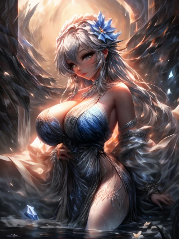 Paradise in Heaven, White lighting,(masutepiece), (Best Quality), (Cinematic), 8K, (art  stations), Li Yue painting style.(長いWhite hairとSilvery eyesを持つ1人の女), (Beautiful delicate face)、[ Particle Lou Full Moon] [Frozen trees々] [landscape crystal] [Lighting] [Ethereal Atmosphere]:1.1] [Fantasy, short story] [soft Lighting] [+Cinematic shot]:1.2 [+art  stations] [+luminous white background] [+soft Lighting] [soft glow] [Creative and dynamic angles]:1.3, [+Crystal Toning] 、masutepiece, ighly detailed, Ultra-detailed, Solo, (pale skin), Silvery eyes, White hair, (snowy background), (snowflake rosen flower:1.0), (shining crystal),, (Snowy ground), (White lashes), Female ????、dreamy and detailed, Gorgeous setting, 妖しい雰囲気 masutepiece, The most beautiful scenes, An majestic、(((full of white flowers)))、quiet and serene atmosphere、A charming, all white tones,Inside the crystal library,Transparent flowers and falling snow，Many white roses are planted,(flowingwater,falls,water bloom),The decoration is also carefully done.,Dreamy（ighly detailedです，Creative Design，crisp and precise lines，K HD，best qualtiy，tmasterpiece，超hight resolution，4K）、Diverse poses、((beautiful white flower hair ornament))、Beautiful hairstyle、(Best Quality, 4K, 8K, hight resolution, masutepiece:1.2), Ultra-detailed, Detailed expression, Graceful posture, expressive brush strokes, mystic atmosphere, artistic interpretation,Delicate floral jewelry， (((Detailed design、Beautiful lace translucent dress、see-through small dress)))、(SFW:1.5), (Oversized ???????, best body proportions, proportions of ?????????????,:1.5),(white decoration on thigh)、((Beautiful crystal accessories on the legs))。((Beautiful crystal accessories on the arm))、(((Design with a wide open ?????)))