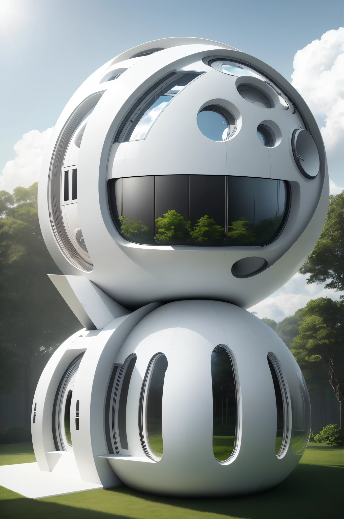 Hemispherical exterior house,  New innovation, modern architectural design, New Scientific House, alta tecnologia de energia solar,  White and metallic color, Floresta, luz do dia, heaven, nuvem branca, Realistic, fotorrealista, Futuristic, 8k, master part, best quality, high resolution, extremamente completo detalhado,