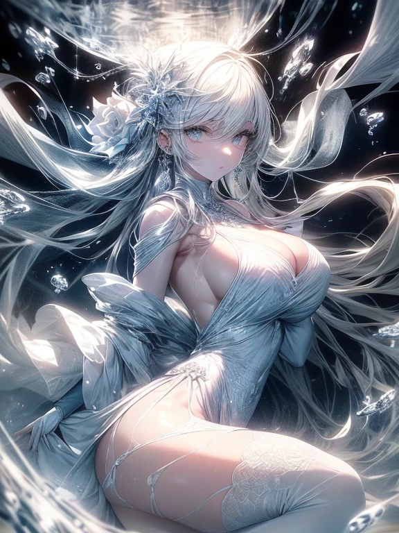Paradise in Heaven, White lighting,(masutepiece), (Best Quality), (Cinematic), 8K, (art  stations), Li Yue painting style.(長いWhite hairとSilvery eyesを持つ1人の女), (Beautiful delicate face)、[ Particle Lou Full Moon] [Frozen trees々] [landscape crystal] [Lighting] [Ethereal Atmosphere]:1.1] [Fantasy, short story] [soft Lighting] [+Cinematic shot]:1.2 [+art  stations] [+luminous white background] [+soft Lighting] [soft glow] [Creative and dynamic angles]:1.3, [+Crystal Toning] 、masutepiece, ighly detailed, Ultra-detailed, Solo, (pale skin), Silvery eyes, White hair, (snowy background), (snowflake rosen flower:1.0), (shining crystal),, (Snowy ground), (White lashes), Female sexy、dreamy and detailed, Gorgeous setting, 妖しい雰囲気 masutepiece, The most beautiful scenes, An majestic、(((full of white flowers)))、quiet and serene atmosphere、A charming, all white tones,Inside the crystal library,Transparent flowers and falling snow，Many white roses are planted,(flowingwater,falls,water bloom),The decoration is also carefully done.,Dreamy（ighly detailedです，Creative Design，crisp and precise lines，K HD，best qualtiy，tmasterpiece，超hight resolution，4K）、Diverse poses、((beautiful white flower hair ornament))、Beautiful hairstyle、(Best Quality, 4K, 8K, hight resolution, masutepiece:1.2), Ultra-detailed, Detailed expression, Graceful posture, expressive brush strokes, mystic atmosphere, artistic interpretation,Delicate floral jewelry， (((Detailed design、Beautiful lace translucent dress、see-through small dress)))、(SFW:1.5), (Oversized breasts, best body proportions, proportions of large breasts,:1.5),(white decoration on thigh)、((Beautiful crystal accessories on the legs))。((Beautiful crystal accessories on the arm))、(((Design with a wide open chest)))
