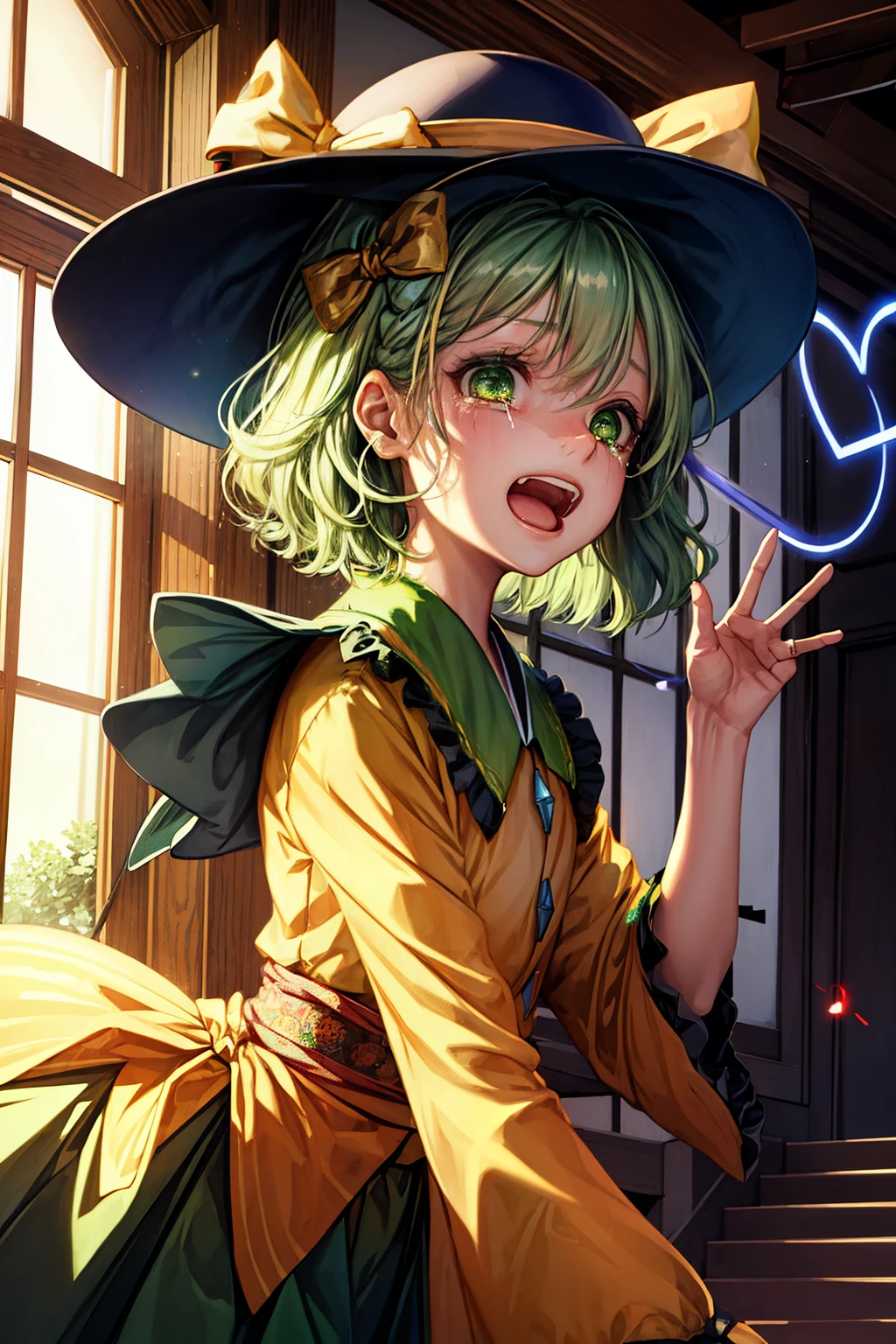 (masterpiece, top quality, best quality, beautiful and aesthetic:1.2), komeiji_koiouhou, third_eye, hat, green_eyes, black_headwear, short_hair, green_hair, ribbon, bow, heart, bangs, hat_ribbon, hat_bow, hair_between_eyes, japanese architecture, surprised, :o, beam, laser, glaring body, open box, box, open mouth, jaw drop, wide-eyed, panicking, horrified, screaming, sobbing, traumatized, turn pale, wavy mouth, glowing, glow, outer glow