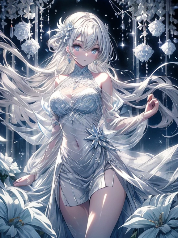 Paradise in Heaven, White lighting,(masutepiece), (Best Quality), (Cinematic), 8K, (art  stations), Li Yue painting style.(長いWhite hairとSilvery eyesを持つ1人の女), (Beautiful delicate face)、[ Particle Lou Full Moon] [Frozen trees々] [landscape crystal] [Lighting] [Ethereal Atmosphere]:1.1] [Fantasy, short story] [soft Lighting] [+Cinematic shot]:1.2 [+art  stations] [+luminous white background] [+soft Lighting] [soft glow] [Creative and dynamic angles]:1.3, [+Crystal Toning] 、masutepiece, ighly detailed, Ultra-detailed, Solo, (pale skin), Silvery eyes, White hair, (snowy background), (snowflake rosen flower:1.0), (shining crystal),, (Snowy ground), (White lashes), Female sexy、dreamy and detailed, Gorgeous setting, 妖しい雰囲気 masutepiece, The most beautiful scenes, An majestic、(((full of white flowers)))、quiet and serene atmosphere、A charming, all white tones,Inside the crystal library,Transparent flowers and falling snow，Many white roses are planted,(flowingwater,falls,water bloom),The decoration is also carefully done.,Dreamy（ighly detailedです，Creative Design，crisp and precise lines，K HD，best qualtiy，tmasterpiece，超hight resolution，4K）、Diverse poses、((beautiful white flower hair ornament))、Beautiful hairstyle、(Best Quality, 4K, 8K, hight resolution, masutepiece:1.2), Ultra-detailed, Detailed expression, Graceful posture, expressive brush strokes, mystic atmosphere, artistic interpretation,Delicate floral jewelry， (((Detailed design、Beautiful lace translucent dress、see-through small dress)))、(SFW:1.5), (Oversized breasts, best body proportions, proportions of large breasts,:1.5),(white decoration on thigh)、((Beautiful crystal accessories on the legs))。((Beautiful crystal accessories on the arm))、(((Design with a wide open chest)))