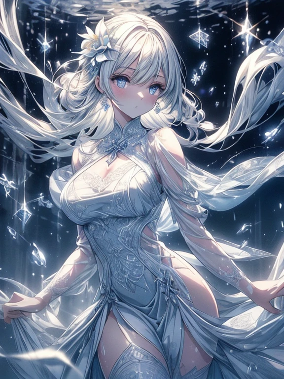 Paradise in Heaven, White lighting,(masutepiece), (Best Quality), (Cinematic), 8K, (art  stations), Li Yue painting style.(長いWhite hairとSilvery eyesを持つ1人の女), (Beautiful delicate face)、[ Particle Lou Full Moon] [Frozen trees々] [landscape crystal] [Lighting] [Ethereal Atmosphere]:1.1] [Fantasy, short story] [soft Lighting] [+Cinematic shot]:1.2 [+art  stations] [+luminous white background] [+soft Lighting] [soft glow] [Creative and dynamic angles]:1.3, [+Crystal Toning] 、masutepiece, ighly detailed, Ultra-detailed, Solo, (pale skin), Silvery eyes, White hair, (snowy background), (snowflake rosen flower:1.0), (shining crystal),, (Snowy ground), (White lashes), Female sexy、dreamy and detailed, Gorgeous setting, 妖しい雰囲気 masutepiece, The most beautiful scenes, An majestic、(((full of white flowers)))、quiet and serene atmosphere、A charming, all white tones,Inside the crystal library,Transparent flowers and falling snow，Many white roses are planted,(flowingwater,falls,water bloom),The decoration is also carefully done.,Dreamy（ighly detailedです，Creative Design，crisp and precise lines，K HD，best qualtiy，tmasterpiece，超hight resolution，4K）、Diverse poses、((beautiful white flower hair ornament))、Beautiful hairstyle、(Best Quality, 4K, 8K, hight resolution, masutepiece:1.2), Ultra-detailed, Detailed expression, Graceful posture, expressive brush strokes, mystic atmosphere, artistic interpretation,Delicate floral jewelry， (((Detailed design、Beautiful lace translucent dress、see-through small dress)))、(SFW:1.5), (Oversized breasts, best body proportions, proportions of large breasts,:1.5),(white decoration on thigh)、((Beautiful crystal accessories on the legs))。((Beautiful crystal accessories on the arm))、(((Design with a wide open chest)))