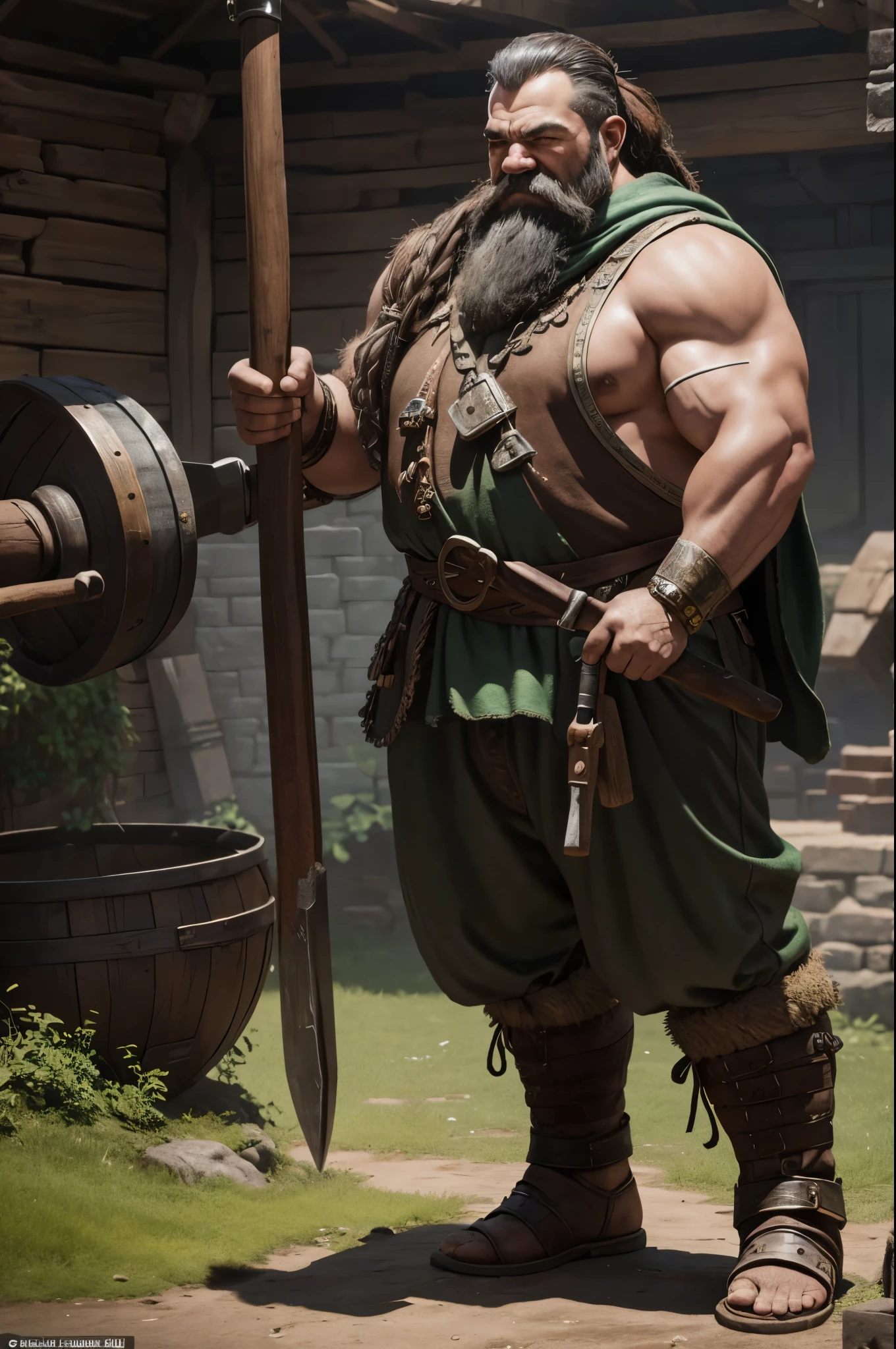 8K,blacksmith dwarf with a big hammer,green and brown costume,Real skin,Very small,Fantasyart,character art,Background with(blacksmith equipment)超A high resolution,A hyper-realistic,kiln,