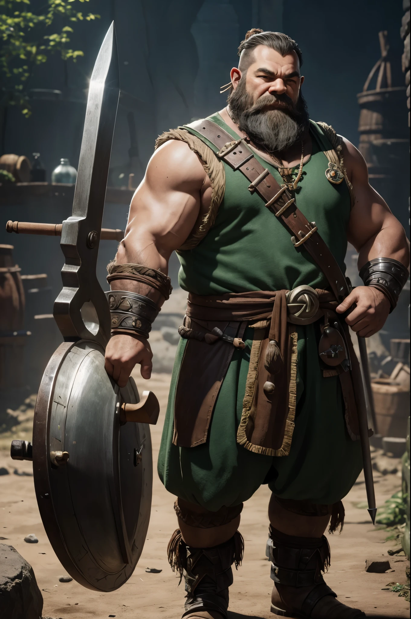 8K,blacksmith dwarf with a big hammer,green and brown costume,Real skin,Very small,Fantasyart,character art,Background with(blacksmith equipment)超A high resolution,A hyper-realistic,kiln,