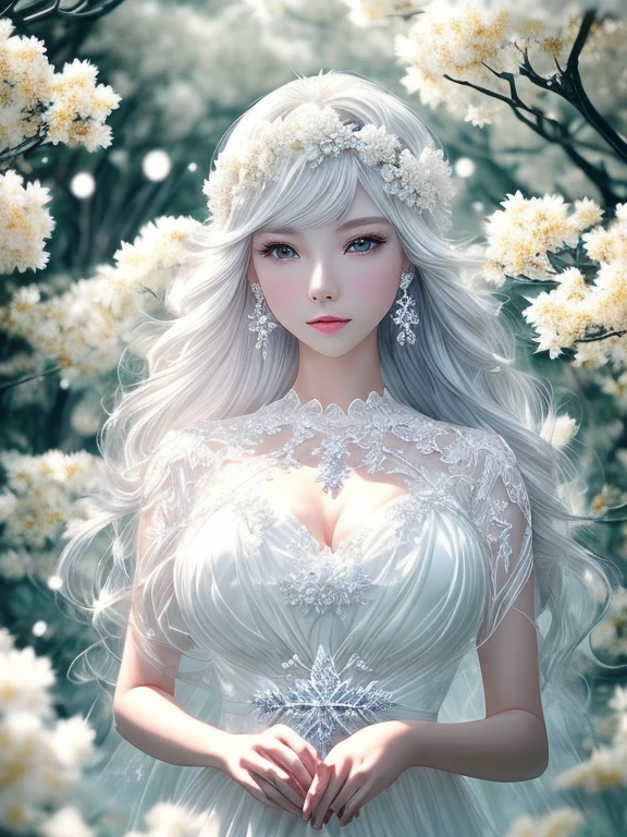 Paradise in Heaven, White lighting,(masutepiece), (Best Quality), (Cinematic), 8K, (art  stations), Li Yue painting style.(長いWhite hairとSilvery eyesを持つ1人の女), (Beautiful delicate face)、[ Particle Lou Full Moon] [Frozen trees々] [landscape crystal] [Lighting] [Ethereal Atmosphere]:1.1] [Fantasy, short story] [soft Lighting] [+Cinematic shot]:1.2 [+art  stations] [+luminous white background] [+soft Lighting] [soft glow] [Creative and dynamic angles]:1.3, [+Crystal Toning] 、masutepiece, ighly detailed, Ultra-detailed, Solo, (pale skin), Silvery eyes, White hair, (snowy background), (snowflake rosen flower:1.0), (shining crystal),, (Snowy ground), (White lashes), Female sexy、dreamy and detailed, Gorgeous setting, 妖しい雰囲気 masutepiece, The most beautiful scenes, An majestic、(((full of white flowers)))、quiet and serene atmosphere、A charming, all white tones,Inside the crystal library,Transparent flowers and falling snow，Many white roses are planted,(flowingwater,falls,water bloom),The decoration is also carefully done.,Dreamy（ighly detailedです，Creative Design，crisp and precise lines，K HD，best qualtiy，tmasterpiece，超hight resolution，4K）、Diverse poses、((beautiful white flower hair ornament))、Beautiful hairstyle、(Best Quality, 4K, 8K, hight resolution, masutepiece:1.2), Ultra-detailed, Detailed expression, Graceful posture, expressive brush strokes, mystic atmosphere, artistic interpretation,Delicate floral jewelry， (((Detailed design、Beautiful lace translucent dress、see-through small dress)))、(SFW:1.5), (Oversized breasts, best body proportions, proportions of large breasts,:1.5),(white decoration on thigh)、((Beautiful crystal accessories on the legs))。((Beautiful crystal accessories on the arm))、(((Design with a wide open chest)))