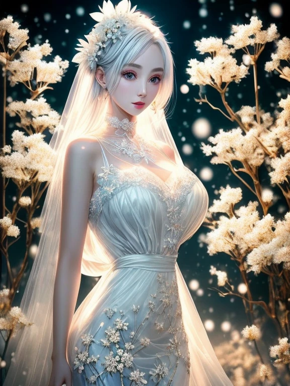 Paradise in Heaven, White lighting,(masutepiece), (Best Quality), (Cinematic), 8K, (art  stations), Li Yue painting style.(長いWhite hairとSilvery eyesを持つ1人の女), (Beautiful delicate face)、[ Particle Lou Full Moon] [Frozen trees々] [landscape crystal] [Lighting] [Ethereal Atmosphere]:1.1] [Fantasy, short story] [soft Lighting] [+Cinematic shot]:1.2 [+art  stations] [+luminous white background] [+soft Lighting] [soft glow] [Creative and dynamic angles]:1.3, [+Crystal Toning] 、masutepiece, ighly detailed, Ultra-detailed, Solo, (pale skin), Silvery eyes, White hair, (snowy background), (snowflake rosen flower:1.0), (shining crystal),, (Snowy ground), (White lashes), Female sexy、dreamy and detailed, Gorgeous setting, 妖しい雰囲気 masutepiece, The most beautiful scenes, An majestic、(((full of white flowers)))、quiet and serene atmosphere、A charming, all white tones,Inside the crystal library,Transparent flowers and falling snow，Many white roses are planted,(flowingwater,falls,water bloom),The decoration is also carefully done.,Dreamy（ighly detailedです，Creative Design，crisp and precise lines，K HD，best qualtiy，tmasterpiece，超hight resolution，4K）、Diverse poses、((beautiful white flower hair ornament))、Beautiful hairstyle、(Best Quality, 4K, 8K, hight resolution, masutepiece:1.2), Ultra-detailed, Detailed expression, Graceful posture, expressive brush strokes, mystic atmosphere, artistic interpretation,Delicate floral jewelry， (((Detailed design、Beautiful lace translucent dress、see-through small dress)))、(SFW:1.5), (Oversized breasts, best body proportions, proportions of large breasts,:1.5),(white decoration on thigh)、((Beautiful crystal accessories on the legs))。((Beautiful crystal accessories on the arm))、(((Design with a wide open chest)))