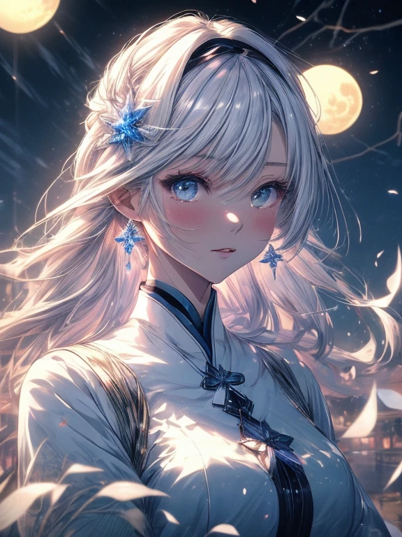 Paradise in Heaven, White lighting,(masutepiece), (Best Quality), (Cinematic), 8K, (art  stations), Li Yue painting style.(長いWhite hairとSilvery eyesを持つ1人の女), (Beautiful delicate face)、[ Particle Lou Full Moon] [Frozen trees々] [landscape crystal] [Lighting] [Ethereal Atmosphere]:1.1] [Fantasy, short story] [soft Lighting] [+Cinematic shot]:1.2 [+art  stations] [+luminous white background] [+soft Lighting] [soft glow] [Creative and dynamic angles]:1.3, [+Crystal Toning] 、masutepiece, ighly detailed, Ultra-detailed, Solo, (pale skin), Silvery eyes, White hair, (snowy background), (snowflake rosen flower:1.0), (shining crystal),, (Snowy ground), (White lashes), Female sexy、dreamy and detailed, Gorgeous setting, 妖しい雰囲気 masutepiece, The most beautiful scenes, An majestic、(((full of white flowers)))、quiet and serene atmosphere、A charming, all white tones,Inside the crystal library,Transparent flowers and falling snow，Many white roses are planted,(flowingwater,falls,water bloom),The decoration is also carefully done.,Dreamy（ighly detailedです，Creative Design，crisp and precise lines，K HD，best qualtiy，tmasterpiece，超hight resolution，4K）、Diverse poses、((beautiful white flower hair ornament))、Beautiful hairstyle、(Best Quality, 4K, 8K, hight resolution, masutepiece:1.2), Ultra-detailed, Detailed expression, Graceful posture, expressive brush strokes, mystic atmosphere, artistic interpretation,Delicate floral jewelry， (((Detailed design、Beautiful lace translucent dress、see-through small dress)))、(SFW:1.5), (Oversized breasts, best body proportions, proportions of large breasts,:1.5),(white decoration on thigh)、((Beautiful crystal accessories on the legs))。((Beautiful crystal accessories on the arm))、(((Design with a wide open chest)))