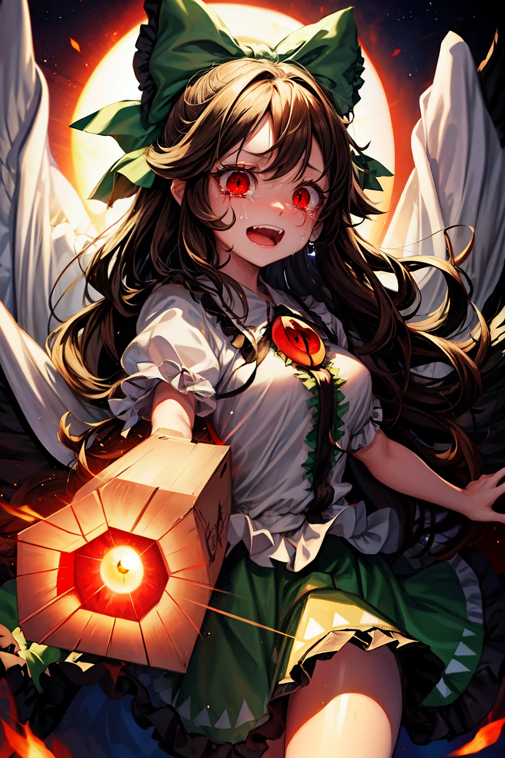 (masterpiece, top quality, best quality, beautiful and aesthetic:1.2),reiuji_utsuho_touhou, bow, long_hair, hair_bow, green_bow, red_eyes, wings, third_eye, black_hair, black_wings, smile, brown_hair, cape, arm_cannon, breasts, japanese architecture, surprised, :o, beam, laser, glaring body, open box, box, open mouth, jaw drop, wide-eyed, panicking, horrified, screaming, sobbing, traumatized, turn pale, wavy mouth, glowing, glow, outer glow