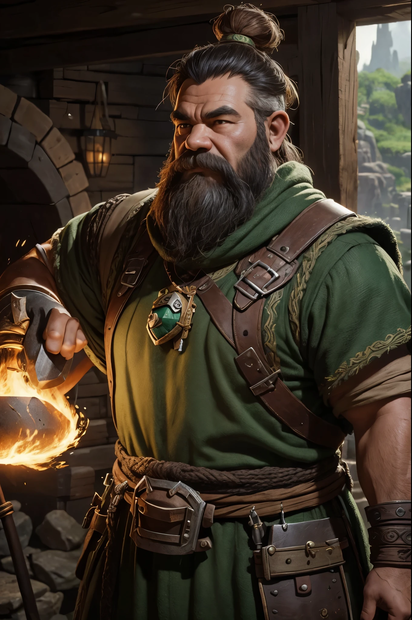 8K,blacksmith dwarf with a big hammer,green and brown costume,Real skin,Very small,Fantasyart,character art,Background with(blacksmith equipment)超A high resolution,A hyper-realistic,kiln,