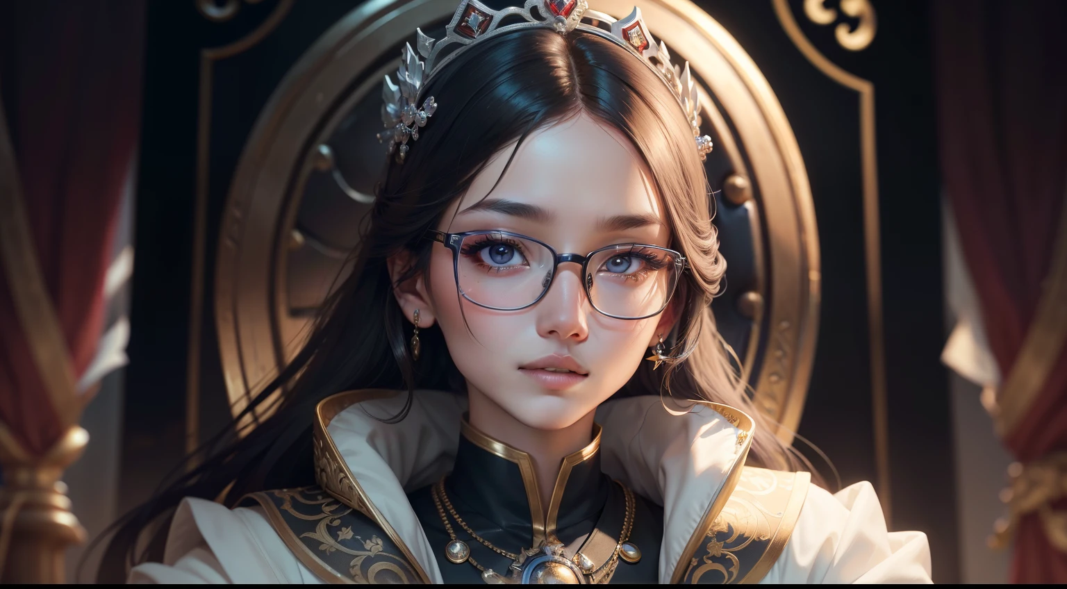 tmasterpiece: 1.2, Best quality at best), actual, (Authentic images, Complicated details, depth of fields), (1人, Alone), perfect lips, The content is very detailed, It's a perfect face, (skin dentition), throne behind background, Various hero poses,the scientist,The scholar,white coat,wears glasses,looking at the camera in