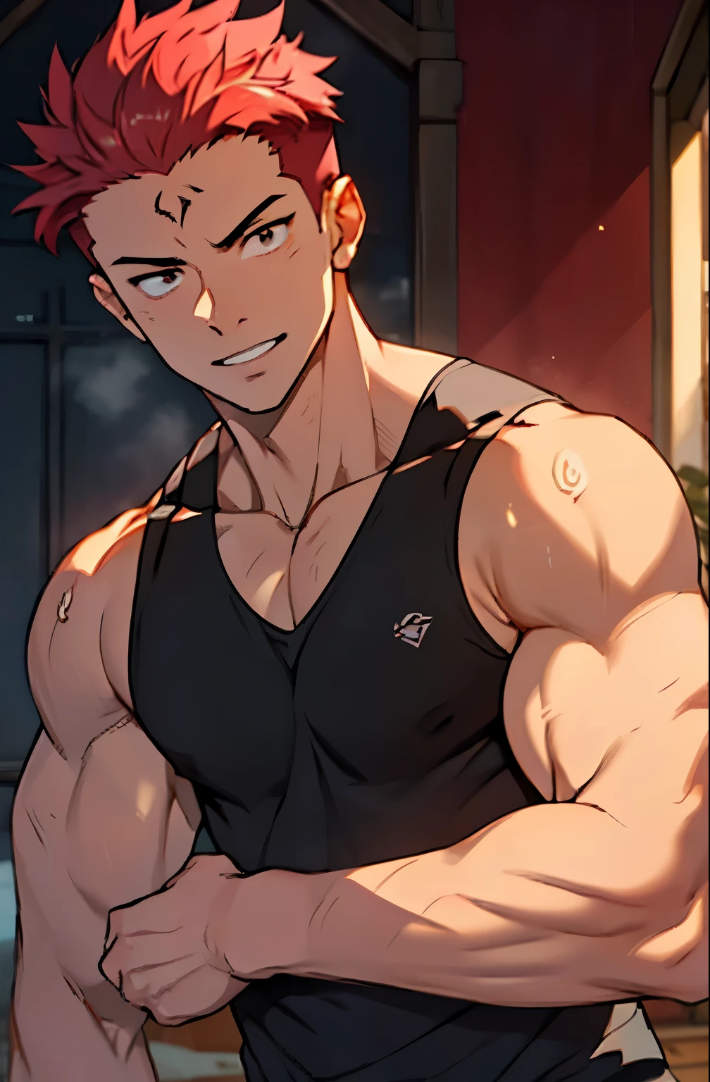 A mais alta qualidade, 8K, image high resolution, Detailed strokes, apoiado dentro da academia , suado, adolecente, Yuji Itadori, Red Hair , wearing a tank top , masculo, chest a little tight in the shirt , (angulo de baixo), ( Close no rosto), peitorais definidos, defined arms, abdomen definido, perna definida, com a camisa,