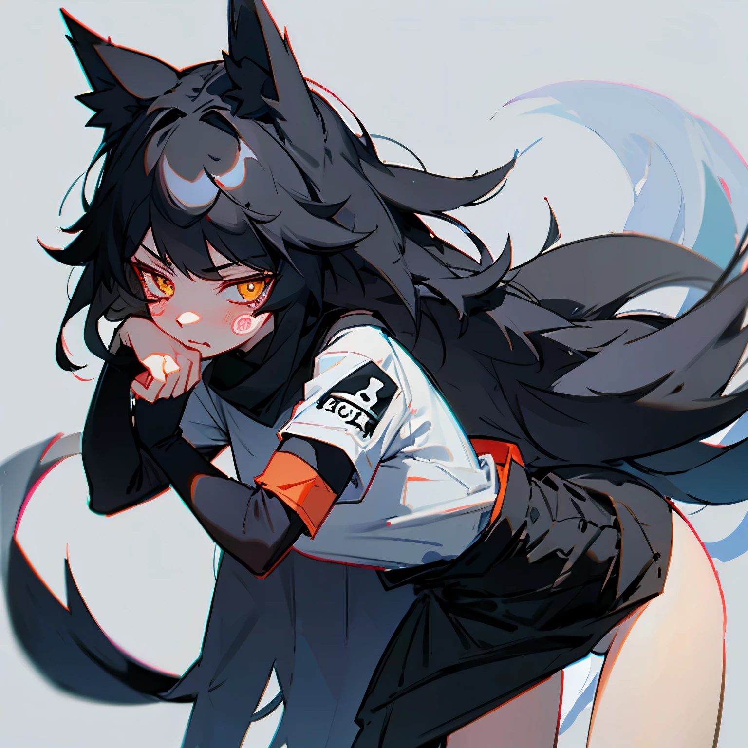 Wolf girl, black ears, black tail, black hair, long hair, white skin, armband, black arm warmer, left shoulder shirt, sad face, cute, 4k,Roblox avatar