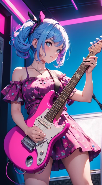 masterpiece, best quality, highly detailed, a girl playing an electric guitar, short pink dress, blue hair, 80s, neon, synthwave
