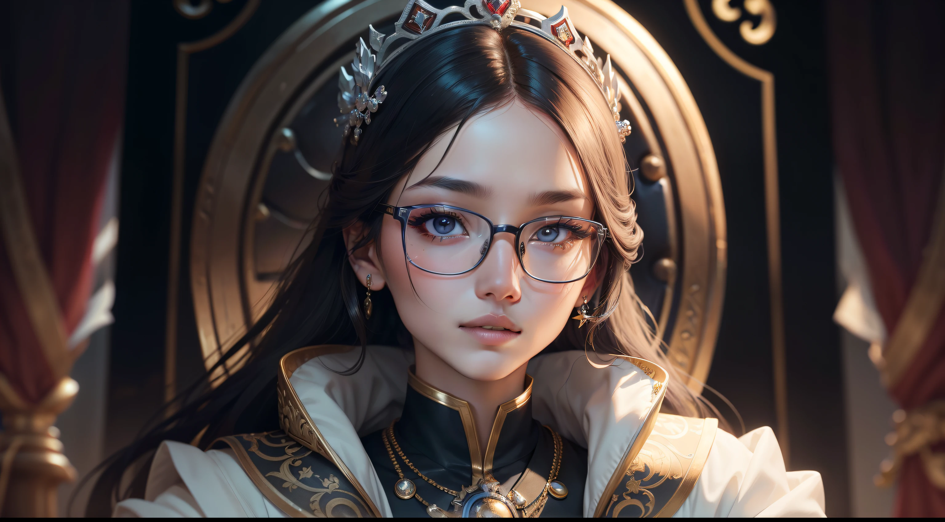 tmasterpiece: 1.2, Best quality), actual, (Authentic images, Complicated details, depth of fields), (1人, Alone), perfect lips, The content is very detailed, It's a perfect face, (skin dentition), throne behind background, Various hero poses,the scientist,The scholar,Manteau blanc,wears glasses,looking at the camera in