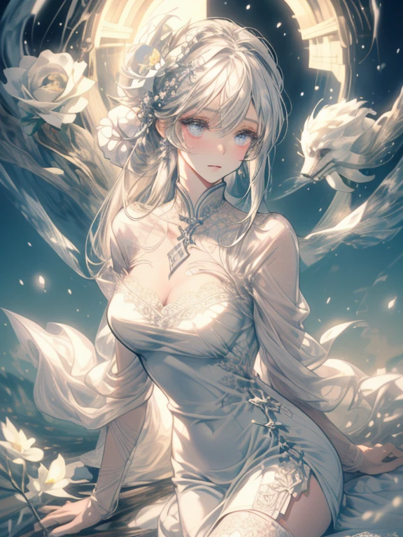 Paradise in Heaven, White lighting,(masutepiece), (Best Quality), (Cinematic), 8K, (art  stations), Li Yue painting style.(長いWhite hairとSilvery eyesを持つ1人の女), (Beautiful delicate face)、[ Particle Lou Full Moon] [Frozen trees々] [landscape crystal] [Lighting] [Ethereal Atmosphere]:1.1] [Fantasy, short story] [soft Lighting] [+Cinematic shot]:1.2 [+art  stations] [+luminous white background] [+soft Lighting] [soft glow] [Creative and dynamic angles]:1.3, [+Crystal Toning] 、masutepiece, ighly detailed, Ultra-detailed, Solo, (pale skin), Silvery eyes, White hair, (snowy background), (snowflake rosen flower:1.0), (shining crystal),, (Snowy ground), (White lashes), Female sexy、dreamy and detailed, Gorgeous setting, 妖しい雰囲気 masutepiece, The most beautiful scenes, An majestic、(((full of white flowers)))、quiet and serene atmosphere、A charming, all white tones,Inside the crystal library,Transparent flowers and falling snow，Many white roses are planted,(flowingwater,falls,water bloom),The decoration is also carefully done.,Dreamy（ighly detailedです，Creative Design，crisp and precise lines，K HD，best qualtiy，tmasterpiece，超hight resolution，4K）、Diverse poses、((beautiful white flower hair ornament))、Beautiful hairstyle、(Best Quality, 4K, 8K, hight resolution, masutepiece:1.2), Ultra-detailed, Detailed expression, Graceful posture, expressive brush strokes, mystic atmosphere, artistic interpretation,Delicate floral jewelry， (((Detailed design、Beautiful lace translucent dress、see-through small dress)))、(SFW:1.5), (Oversized breasts, best body proportions, proportions of large breasts,:1.5),(white decoration on thigh)、((Beautiful crystal accessories on the legs))。((Beautiful crystal accessories on the arm))、(((Design with a wide open chest)))