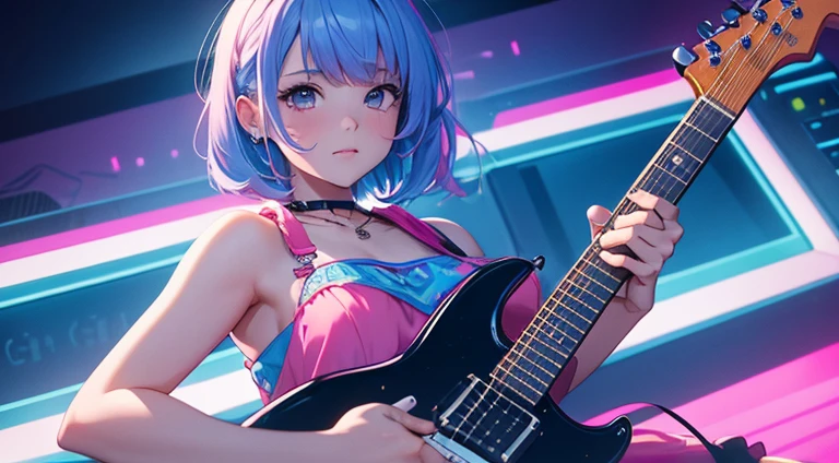 masterpiece, best quality, highly detailed, a girl playing an electric guitar, short pink dress, blue hair, 80s, neon, synthwave