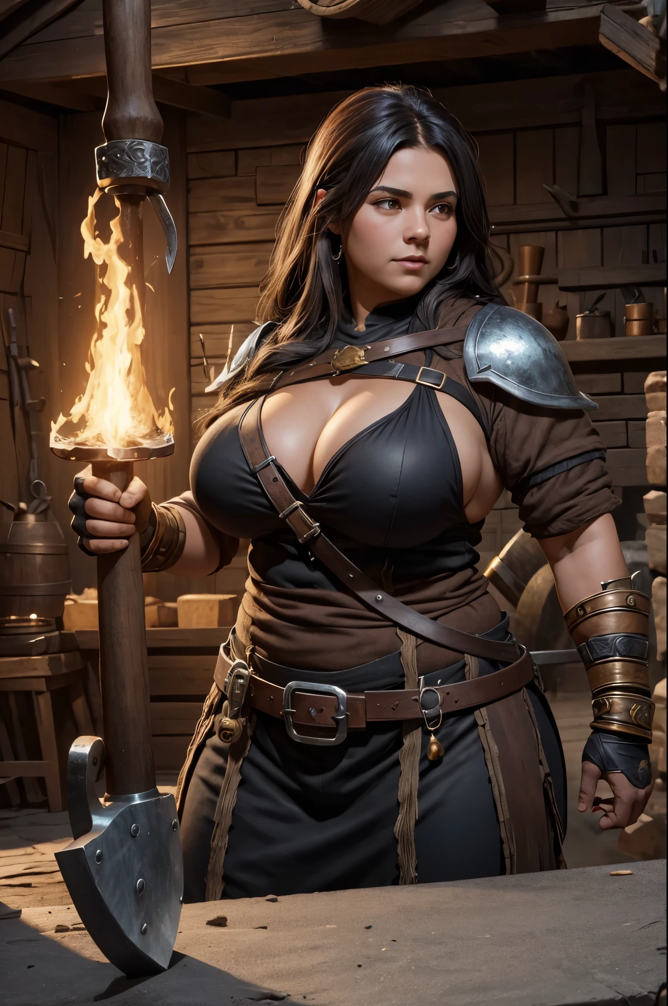 8K,blacksmith dwarf woman with a large hammer,large full breasts,black and brown costume,Real skin,Fantasyart,character art,Background with(blacksmith equipment)超A high resolution,A hyper-realistic,kiln,