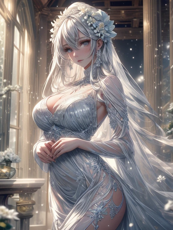 Paradise in Heaven, White lighting,(masutepiece), (Best Quality), (Cinematic), 8K, (art  stations), Li Yue painting style.(長いWhite hairとSilvery eyesを持つ1人の女), (Beautiful delicate face)、[ Particle Lou Full Moon] [Frozen trees々] [landscape crystal] [Lighting] [Ethereal Atmosphere]:1.1] [Fantasy, short story] [soft Lighting] [+Cinematic shot]:1.2 [+art  stations] [+luminous white background] [+soft Lighting] [soft glow] [Creative and dynamic angles]:1.3, [+Crystal Toning] 、masutepiece, ighly detailed, Ultra-detailed, Solo, (pale skin), Silvery eyes, White hair, (snowy background), (snowflake rosen flower:1.0), (shining crystal),, (Snowy ground), (White lashes), Female sexy、dreamy and detailed, Gorgeous setting, 妖しい雰囲気 masutepiece, The most beautiful scenes, An majestic、(((full of white flowers)))、quiet and serene atmosphere、A charming, all white tones,Inside the crystal library,Transparent flowers and falling snow，Many white roses are planted,(flowingwater,falls,water bloom),The decoration is also carefully done.,Dreamy（ighly detailedです，Creative Design，crisp and precise lines，K HD，best qualtiy，tmasterpiece，超hight resolution，4K）、Diverse poses、((beautiful white flower hair ornament))、Beautiful hairstyle、(Best Quality, 4K, 8K, hight resolution, masutepiece:1.2), Ultra-detailed, Detailed expression, Graceful posture, expressive brush strokes, mystic atmosphere, artistic interpretation,Delicate floral jewelry， (((Detailed design、Beautiful lace translucent dress、see-through small dress)))、(SFW:1.5), (Oversized breasts, best body proportions, proportions of large breasts,:1.5),(white decoration on thigh)、((Beautiful crystal accessories on the legs))。((Beautiful crystal accessories on the arm))、(((Design with a wide open chest)))