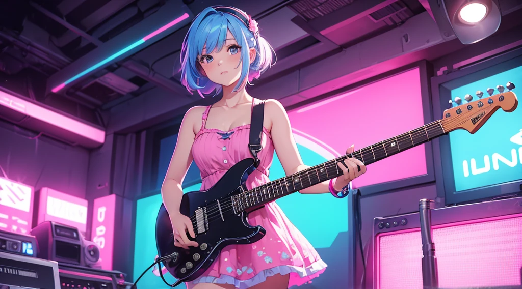 masterpiece, best quality, highly detailed, a girl playing an electric guitar, short pink dress, blue hair, 80s, neon, synthwave