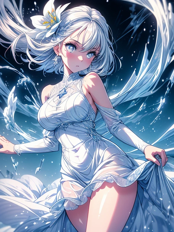 Paradise in Heaven, White lighting,(masutepiece), (Best Quality), (Cinematic), 8K, (art  stations), Li Yue painting style.(長いWhite hairとSilvery eyesを持つ1人の女), (Beautiful delicate face)、[ Particle Lou Full Moon] [Frozen trees々] [landscape crystal] [Lighting] [Ethereal Atmosphere]:1.1] [Fantasy, short story] [soft Lighting] [+Cinematic shot]:1.2 [+art  stations] [+luminous white background] [+soft Lighting] [soft glow] [Creative and dynamic angles]:1.3, [+Crystal Toning] 、masutepiece, ighly detailed, Ultra-detailed, Solo, (pale skin), Silvery eyes, White hair, (snowy background), (snowflake rosen flower:1.0), (shining crystal),, (Snowy ground), (White lashes), Female sexy、dreamy and detailed, Gorgeous setting, 妖しい雰囲気 masutepiece, The most beautiful scenes, An majestic、(((full of white flowers)))、quiet and serene atmosphere、A charming, all white tones,Inside the crystal library,Transparent flowers and falling snow，Many white roses are planted,(flowingwater,falls,water bloom),The decoration is also carefully done.,Dreamy（ighly detailedです，Creative Design，crisp and precise lines，K HD，best qualtiy，tmasterpiece，超hight resolution，4K）、Diverse poses、((beautiful white flower hair ornament))、Beautiful hairstyle、(Best Quality, 4K, 8K, hight resolution, masutepiece:1.2), Ultra-detailed, Detailed expression, Graceful posture, expressive brush strokes, mystic atmosphere, artistic interpretation,Delicate floral jewelry， (((Detailed design、Beautiful lace translucent dress、see-through small dress)))、(SFW:1.5), (Oversized breasts, best body proportions, proportions of large breasts,:1.5),(white decoration on thigh)、((Beautiful crystal accessories on the legs))。((Beautiful crystal accessories on the arm))、(((Design with a wide open chest)))