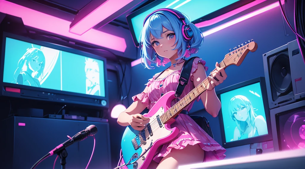 masterpiece, best quality, highly detailed, a girl playing an electric guitar, short pink dress, blue hair, 80s, neon, synthwave