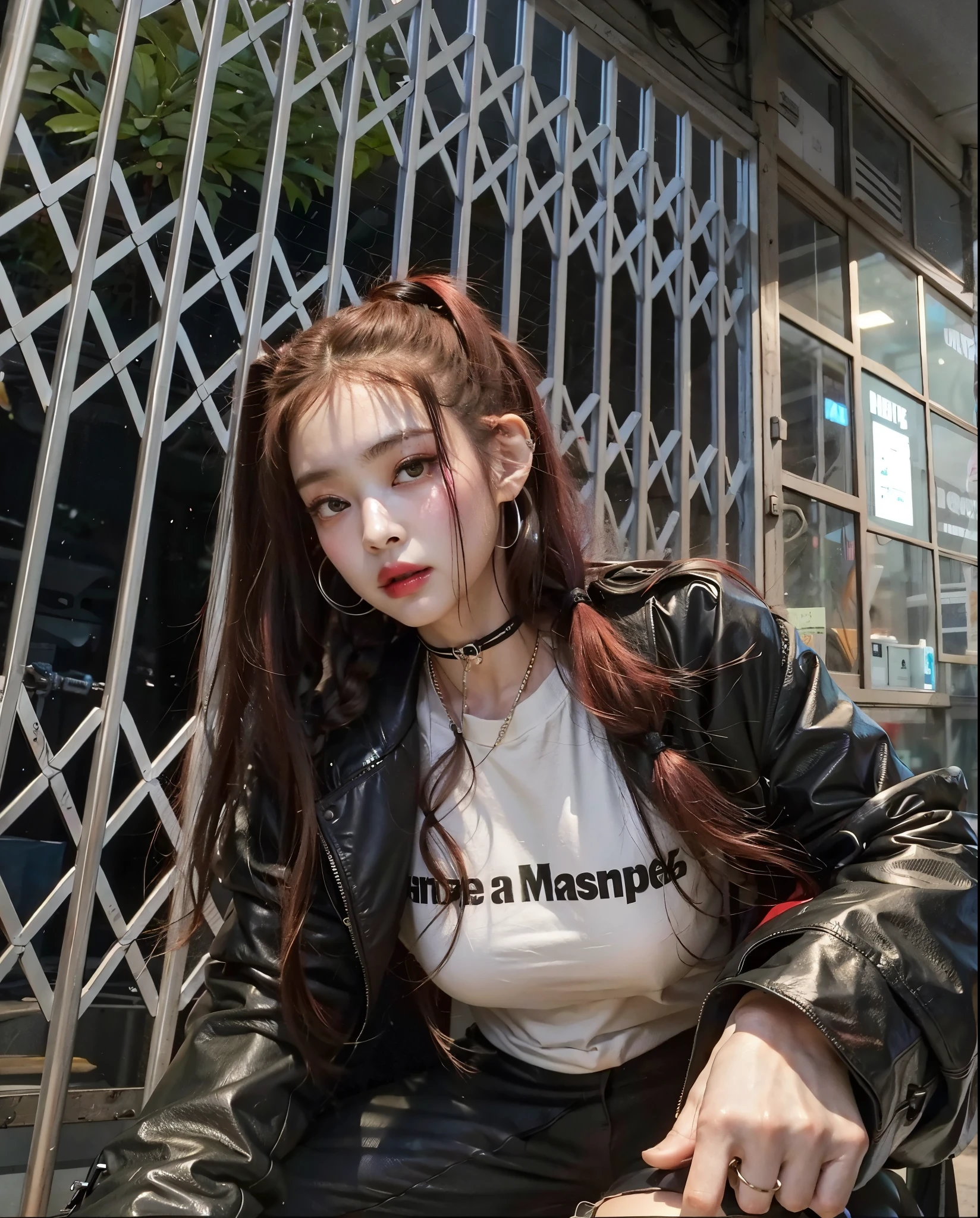 Araffe com cabelo rosa e uma camiseta branca sentada em um banco, wearing Cyberpunk Streetwear, she is wearing streetwear, Cyberpunk Streetwear, mulher no streetwear, tomada em 2 0 2 0, y estilo 2k, estilo y2k, vestindo um pescador 🧥, penteado pigtails, parece uma mistura de grimes, Gato Doja