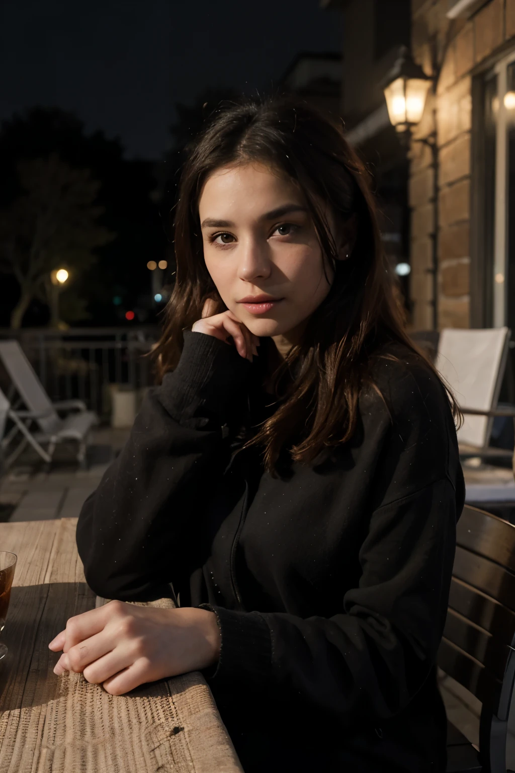 En terrasse, vêtement d'hiver noir et brillant, portrait