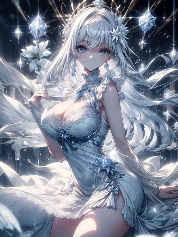 Paradise in Heaven, White lighting,(masutepiece), (Best Quality), (Cinematic), 8K, (art  stations), Li Yue painting style.(長いWhite hairとSilvery eyesを持つ1人の女), (Beautiful delicate face)、[ Particle Lou Full Moon] [Frozen trees々] [landscape crystal] [Lighting] [Ethereal Atmosphere]:1.1] [Fantasy, short story] [soft Lighting] [+Cinematic shot]:1.2 [+art  stations] [+luminous white background] [+soft Lighting] [soft glow] [Creative and dynamic angles]:1.3, [+Crystal Toning] 、masutepiece, ighly detailed, Ultra-detailed, Solo, (pale skin), Silvery eyes, White hair, (snowy background), (snowflake rosen flower:1.0), (shining crystal),, (Snowy ground), (White lashes), Female sexy、dreamy and detailed, Gorgeous setting, 妖しい雰囲気 masutepiece, The most beautiful scenes, An majestic、(((full of white flowers)))、quiet and serene atmosphere、A charming, all white tones,Inside the crystal library,Transparent flowers and falling snow，Many white roses are planted,(flowingwater,falls,water bloom),The decoration is also carefully done.,Dreamy（ighly detailedです，Creative Design，crisp and precise lines，K HD，best qualtiy，tmasterpiece，超hight resolution，4K）、Diverse poses、((beautiful white flower hair ornament))、Beautiful hairstyle、(Best Quality, 4K, 8K, hight resolution, masutepiece:1.2), Ultra-detailed, Detailed expression, Graceful posture, expressive brush strokes, mystic atmosphere, artistic interpretation,Delicate floral jewelry， (((Detailed design、Beautiful lace translucent dress、see-through small dress)))、(SFW:1.5), (Oversized breasts, best body proportions, proportions of large breasts,:1.5),(white decoration on thigh)、((Beautiful crystal accessories on the legs))。((Beautiful crystal accessories on the arm))、(((Design with a wide open chest)))