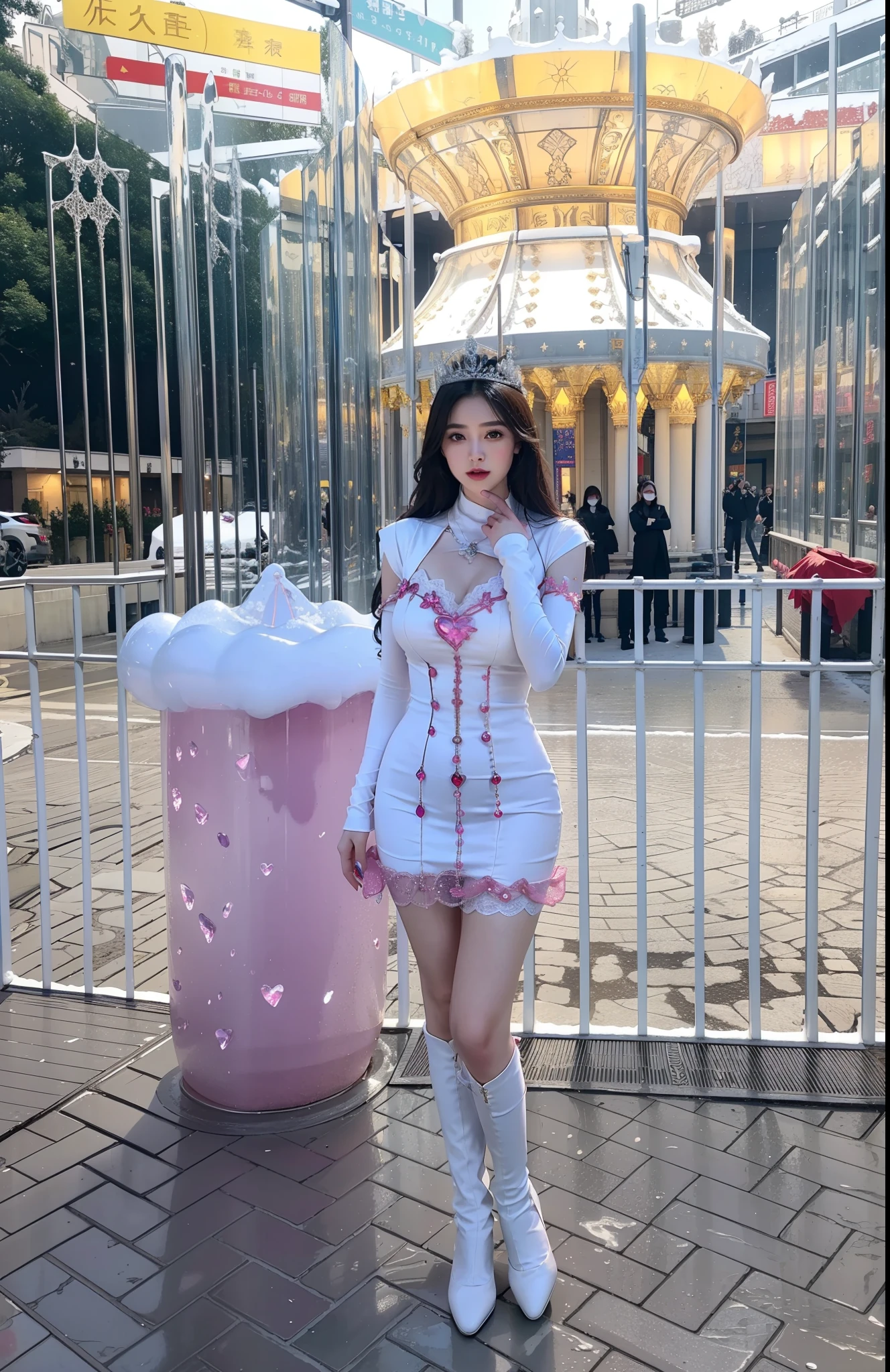 Imperial sister，詳細な目，Snow Queen，put the crown on your head，Detailed facial expressions，Ripe body，Tall figure，the number，legs long，4K，k hd，fleshy feeling，White translucent lace，Fair and plump figure，Nice face，Cherry small mouth，beautiful and delicious（3D royal sister），a plump buttocks，gloss gel coat，Vampire queen wears luxurious dress，Crystal Gem Crown，heart of the galaxy，nurses