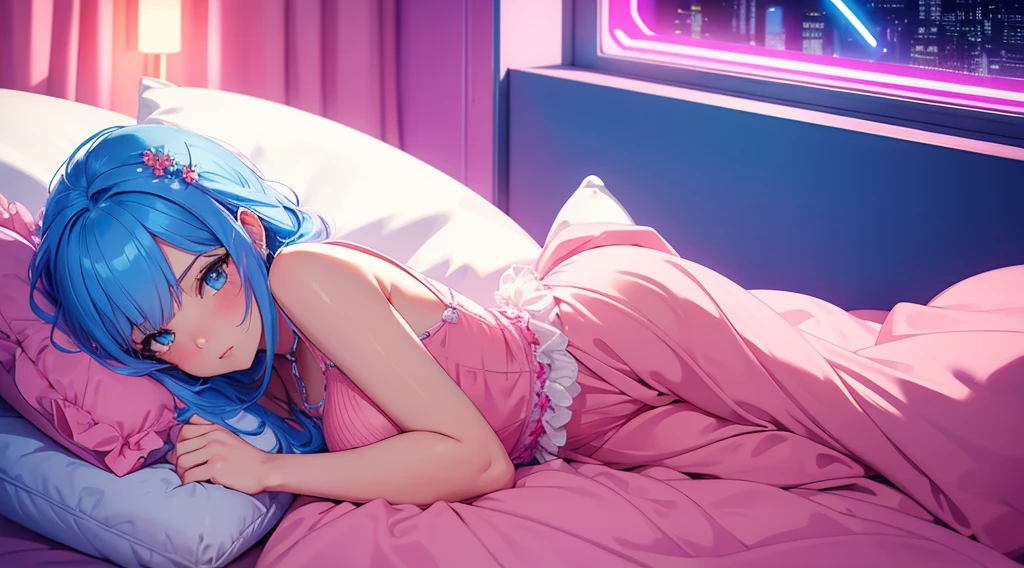 masterpiece, best quality, highly detailed, a girl lying in bed, short pink dress, blue hair, 80s, neon, synthwave