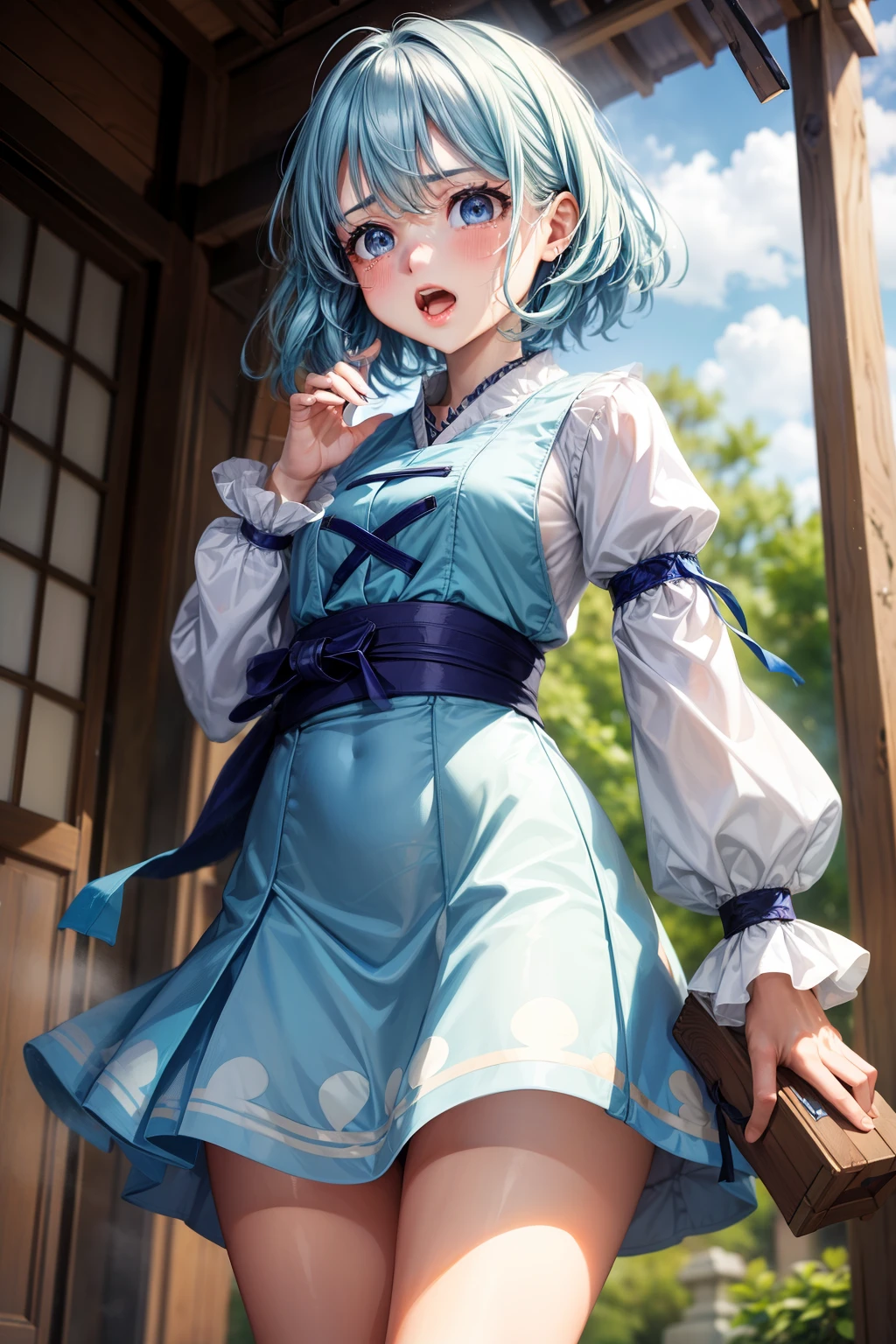 (masterpiece, top quality, best quality, beautiful and aesthetic:1.2),tatara kogasa,1girl,heterochromia, blue hair,short hair,long sleeves, blue skirt, japanese architecture, surprised, :o, beam, laser, glaring body, open box, box, open mouth, jaw drop, wide-eyed, panicking, horrified, screaming, sobbing, traumatized, turn pale, wavy mouth, glowing, glow, outer glow