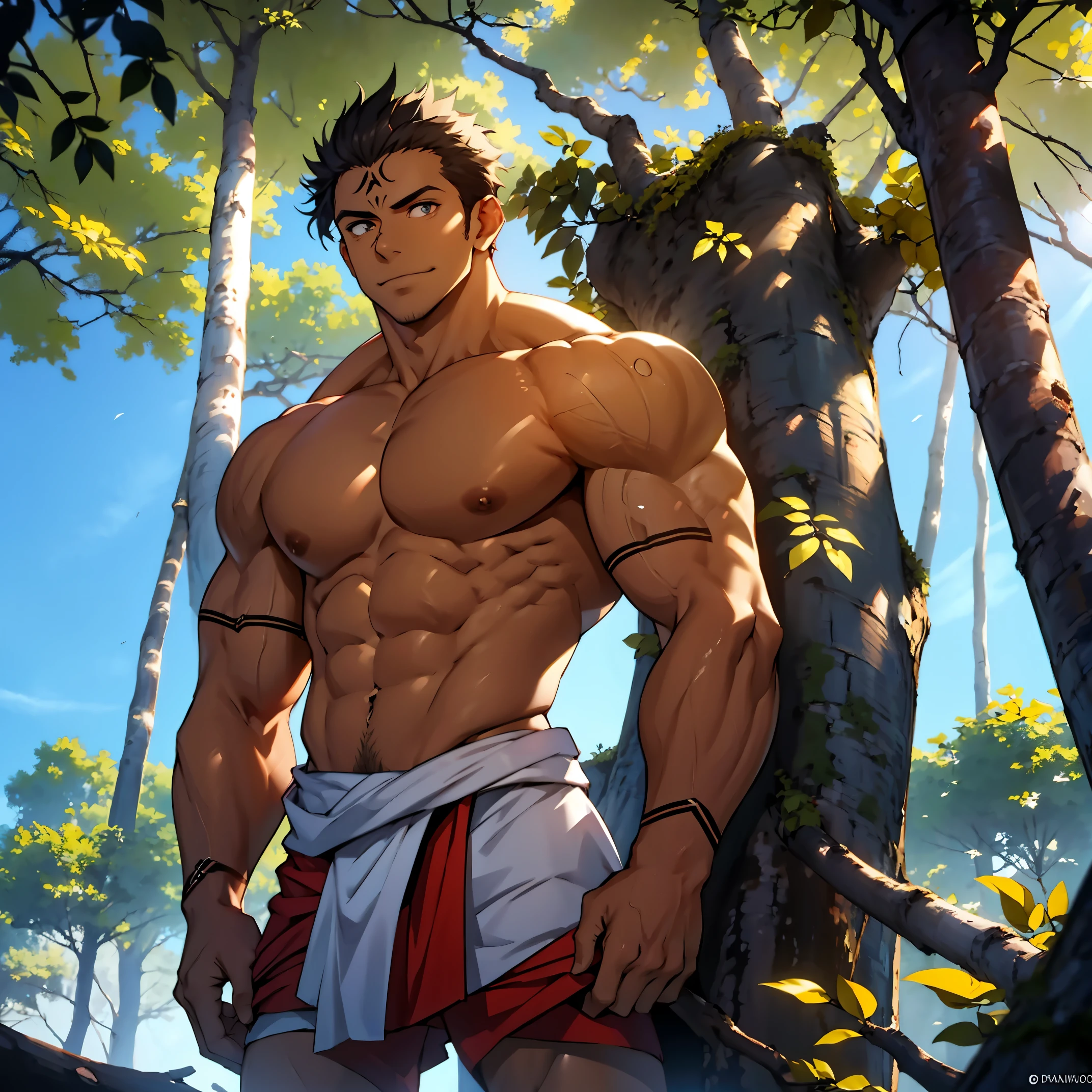 A mais alta qualidade de imagem, 8k, ultra-detalhado, Tanned skin glows in the sunlight filtered through the tree foliage, muscular body displays strength and virility as I stand, Full of confidence, cabelos castanho avermelhados caem despretensiosamente sobre seus ombros largos, membro pulsante se destaca com seu tamanho impressionante, pronto para proporcionar prazer intenso e profundo, His eyes are attractive