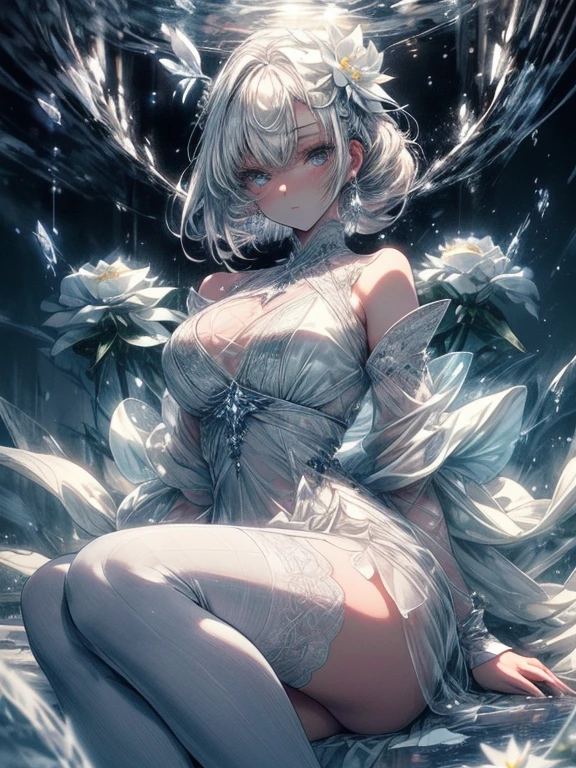 Paradise in Heaven, White lighting,(masutepiece), (Best Quality), (Cinematic), 8K, (art  stations), Li Yue painting style.(長いWhite hairとSilvery eyesを持つ1人の女), (Beautiful delicate face)、[ Particle Lou Full Moon] [Frozen trees々] [landscape crystal] [Lighting] [Ethereal Atmosphere]:1.1] [Fantasy, short story] [soft Lighting] [+Cinematic shot]:1.2 [+art  stations] [+luminous white background] [+soft Lighting] [soft glow] [Creative and dynamic angles]:1.3, [+Crystal Toning] 、masutepiece, ighly detailed, Ultra-detailed, Solo, (pale skin), Silvery eyes, White hair, (snowy background), (snowflake rosen flower:1.0), (shining crystal),, (Snowy ground), (White lashes), Female y、dreamy and detailed, Gorgeous setting, 妖しい雰囲気 masutepiece, The most beautiful scenes, An majestic、(((full of white flowers)))、quiet and serene atmosphere、A charming, all white tones,Inside the crystal library,Transparent flowers and falling snow，Many white roses are planted,(flowingwater,falls,water bloom),The decoration is also carefully done.,Dreamy（ighly detailedです，Creative Design，crisp and precise lines，K HD，best qualtiy，tmasterpiece，超hight resolution，4K）、Diverse poses、((beautiful white flower hair ornament))、Beautiful hairstyle、(Best Quality, 4K, 8K, hight resolution, masutepiece:1.2), Ultra-detailed, Detailed expression, Graceful posture, expressive brush strokes, mystic atmosphere, artistic interpretation,Delicate floral jewelry， (((Detailed design、Beautiful lace translucent dress、see-through small dress)))、(SFW:1.5), (Oversized breest body proportions, proportions of large breasts,:1ite decoration on thigh)、((Beautiful crystal accessories on the legs))。((Beautiful crystal accessories on the arm))、(((Design with a wide open chest)))