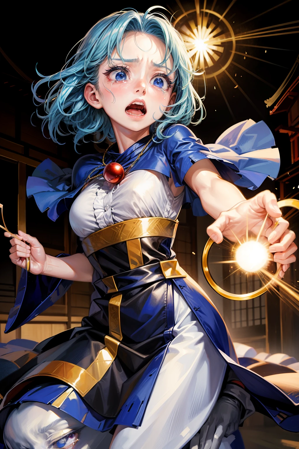 (masterpiece, top quality, best quality, beautiful and aesthetic:1.2),kumoi ichirin,1girl,hood,kesa,wide sleeves,jewelry,capelet, blue eyes,blue hair,dress, japanese architecture, surprised, :o, beam, laser, glaring body, open box, box, open mouth, jaw drop, wide-eyed, panicking, horrified, screaming, sobbing, traumatized, turn pale, wavy mouth, glowing, glow, outer glow