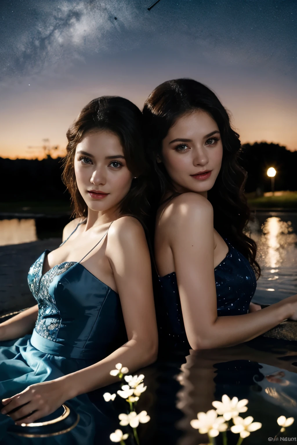 All faces and pictures must be different,((Ultra Long Exposure Photography)) high quality, highly detailed, a stunningly photorealistic closeup portrait of two beautiful animated women, intricate detailed eyes,open shoulders,skirtlift,where two mysterious women sits by the edge of a pond, capturing a romantic atmosphere under the starry sky.